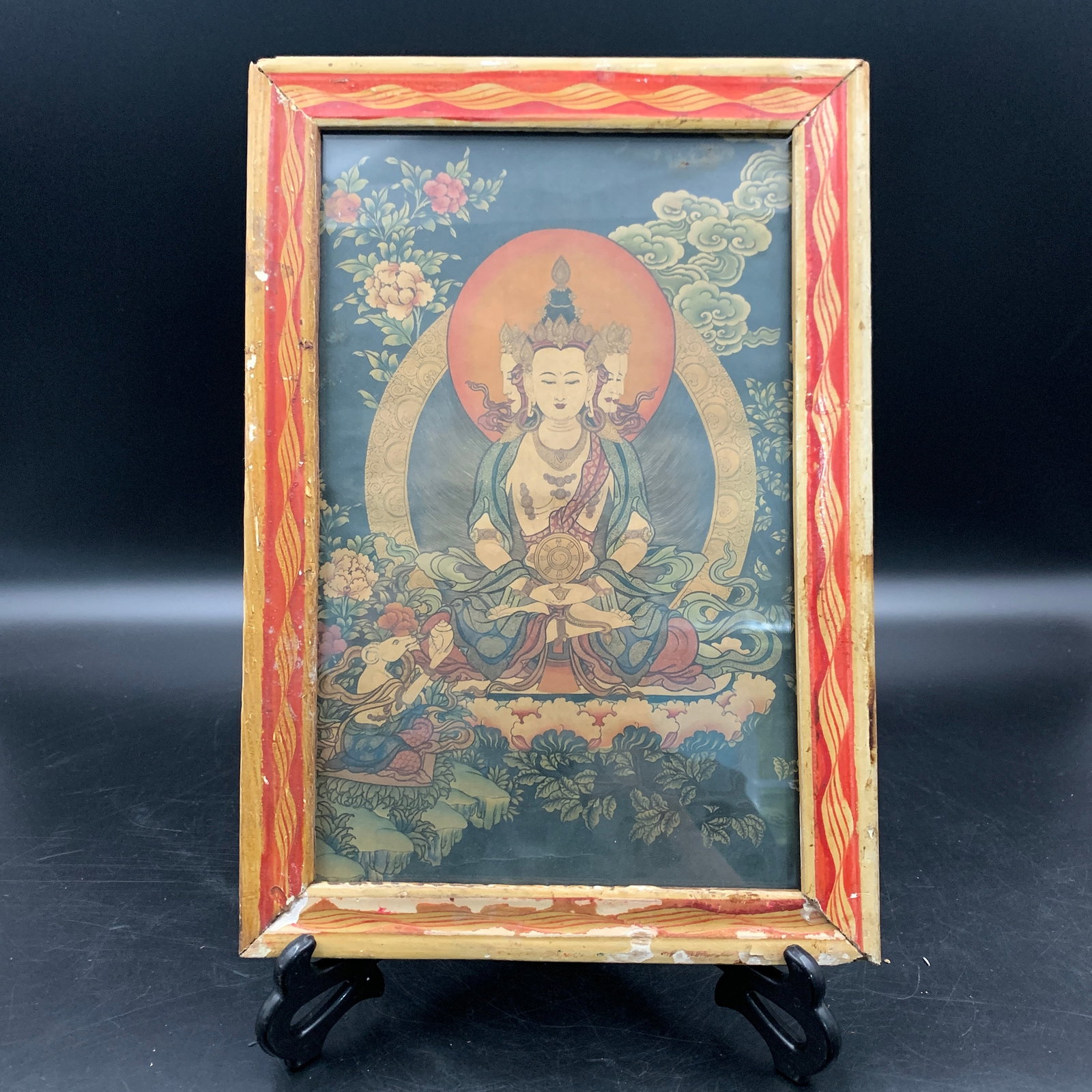 WOODEN FRAMED TIBETAN THANGKA PRINT: 19th Century; Long: 11.7 inch; Width: 8.1 inch; High: 0.6 inch; . Wooden base for display only