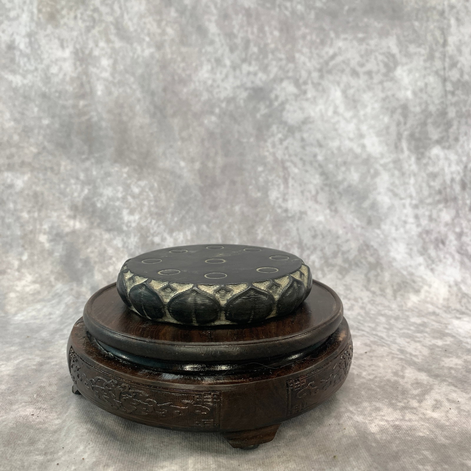 CARVED STONE LOTUS SHAPED DISPLAY STAND: Modern; High: 0.95 inch; Diameter: 4.5 inch; . Wooden base for display only