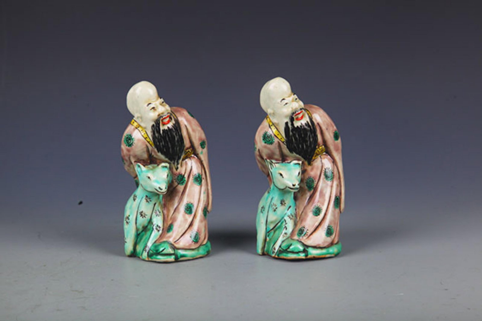 PAIR OF FAMILLE ROSE LONGEVITY GOD DECORATION: Republic Period; High: 5.5 inch; High: 2.5 inch; . Wooden base for display only