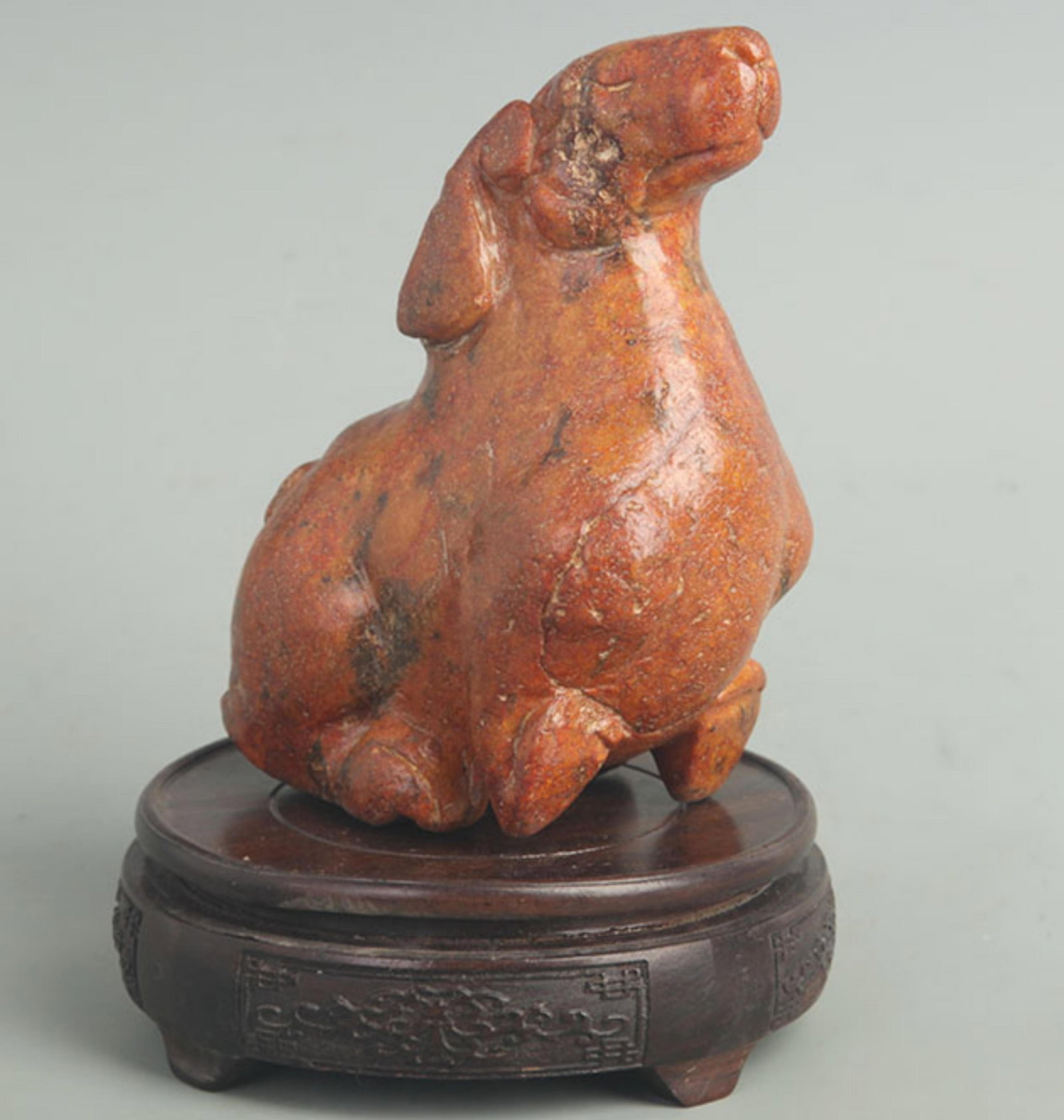 A FINE OLD JADE IN FIGURE OF SHEEP: Shang Zhou Period Style; High: 6.00 inch; Width: 4.00 inch; . Wooden base for display only