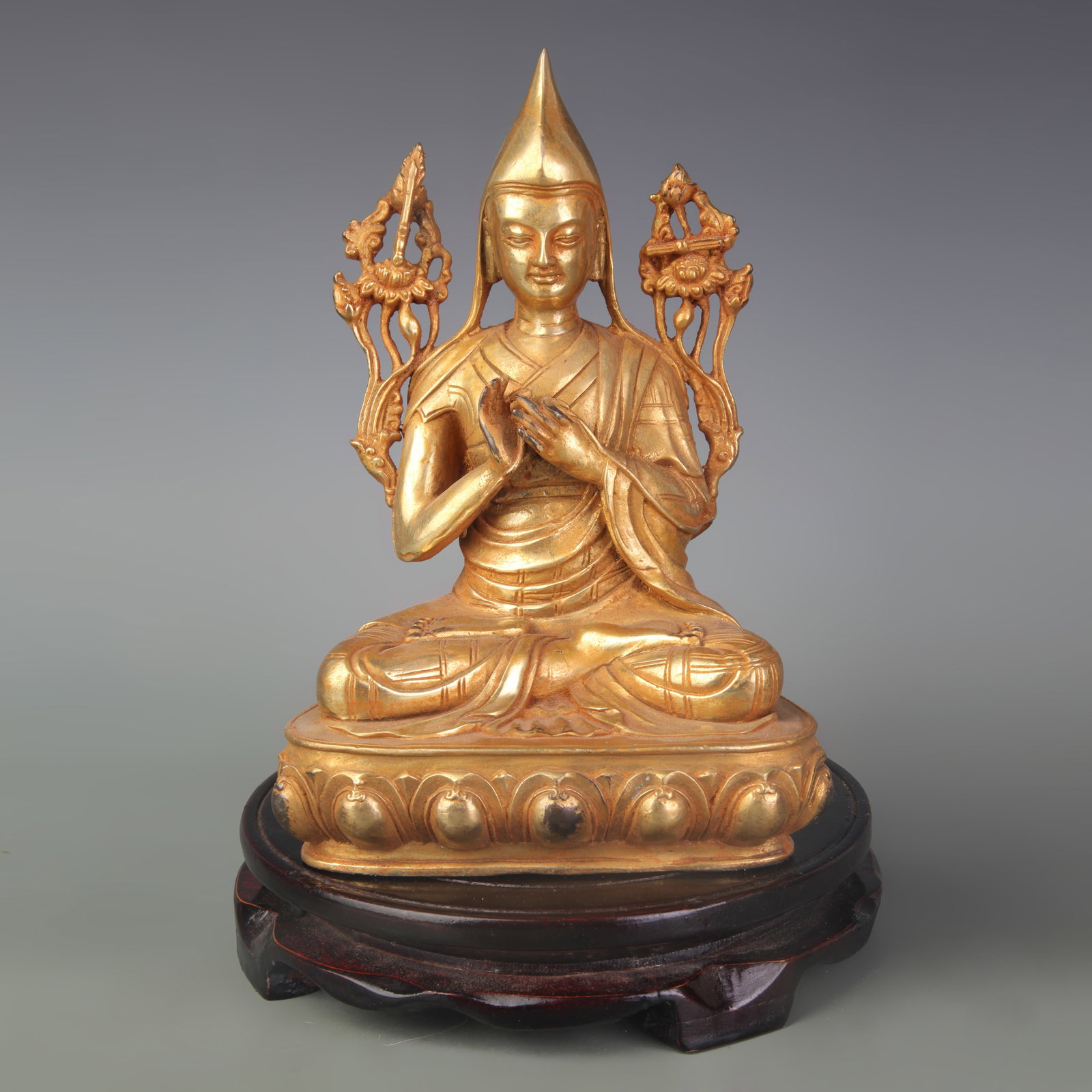 GILDED BRONZE TSONGKHAPA BUDDHA STATUE: Qing Dynasty; Width: 5.5 inch; High: 8.0 inch;. Wooden base for display only