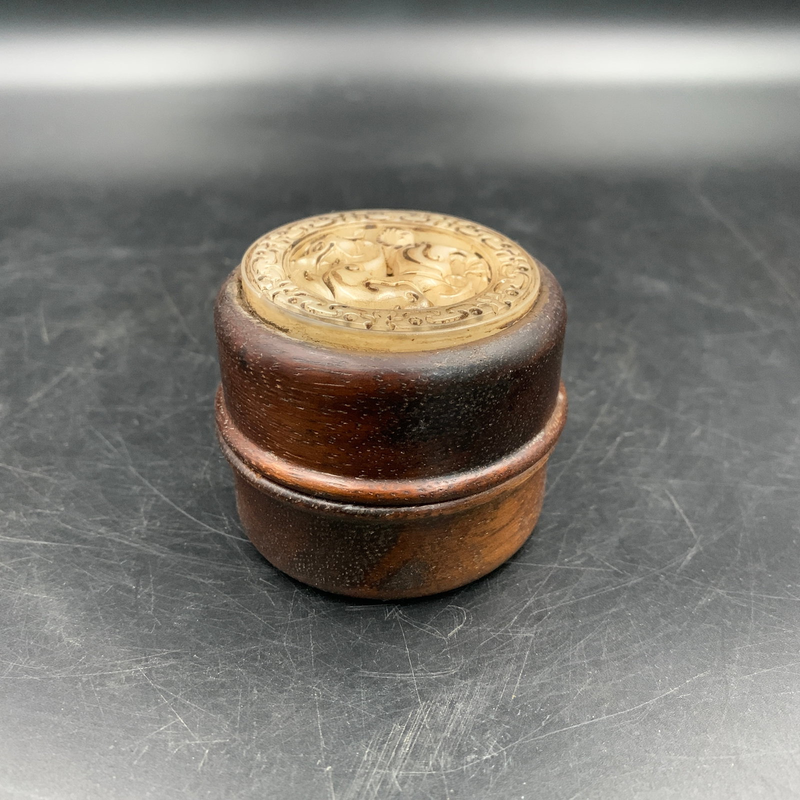 SMALL HARDWOOD LIDDED BOX WITH CARVED JADE INLAY: Republic Period; Long: 2.3 inch; Width: 2.3 inch; High: 2 inch; . Wooden base for display only
