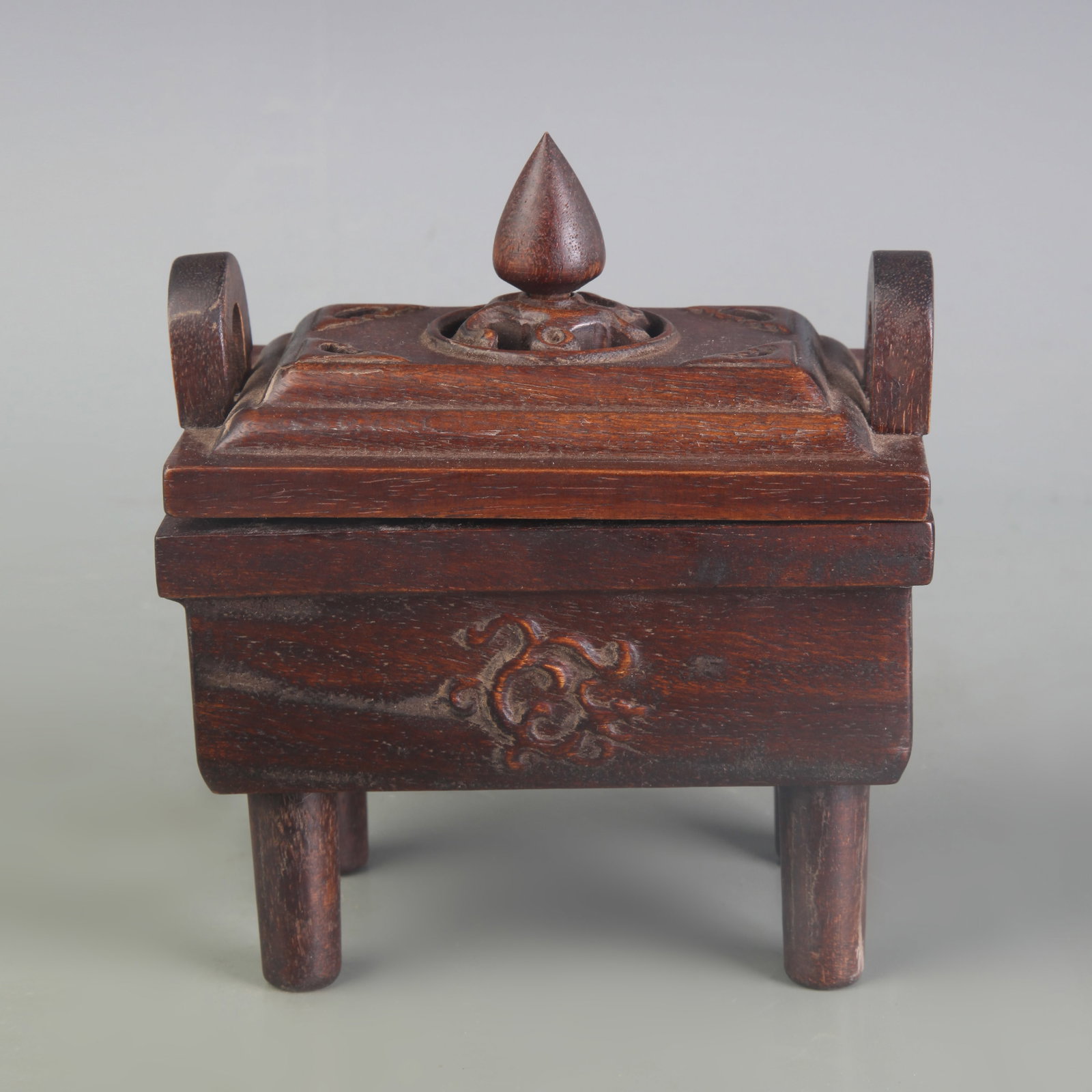 A FINE HUA LI MU MADE WOODEN CENSER: Qing Dynasty; Long: 5.0 inch; Width: 3.5 inch; . Wooden base for display only