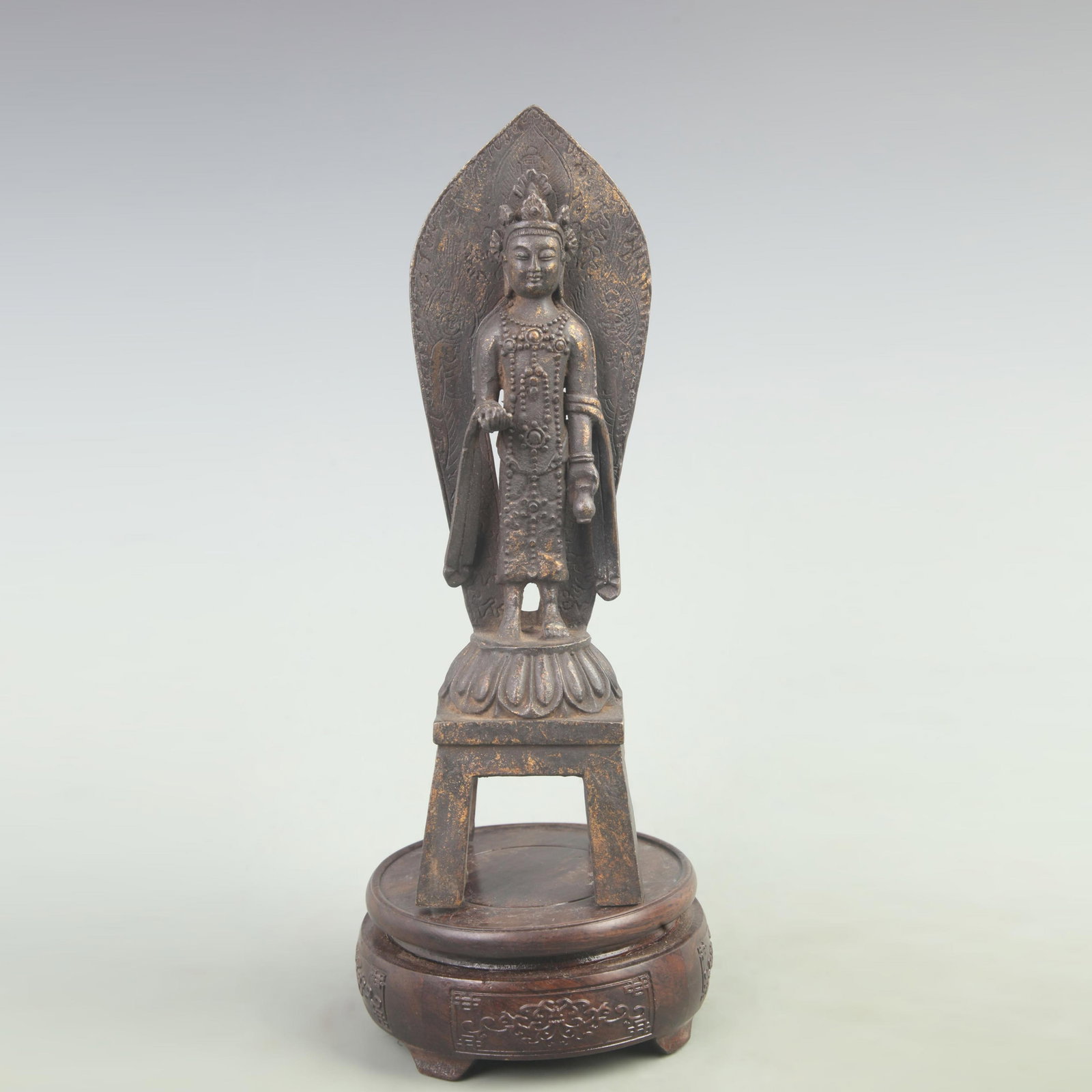 RARE GILT BRONZE STANDING GUAN YIN STATUE: Tang Dynasty Style; High: 9.8 inch; Width: 2.8 inch; Long: 2.8 inch; . Wooden base for display only