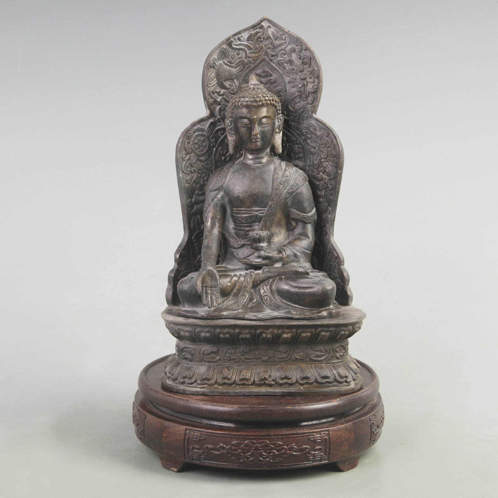 RARE BRONZE AMITAYUS BUDDHA STATUE: Qing Dynasty; High: 9.2 inch; Width: 3.8 inch; Long: 5 inch; . Wooden base for display only