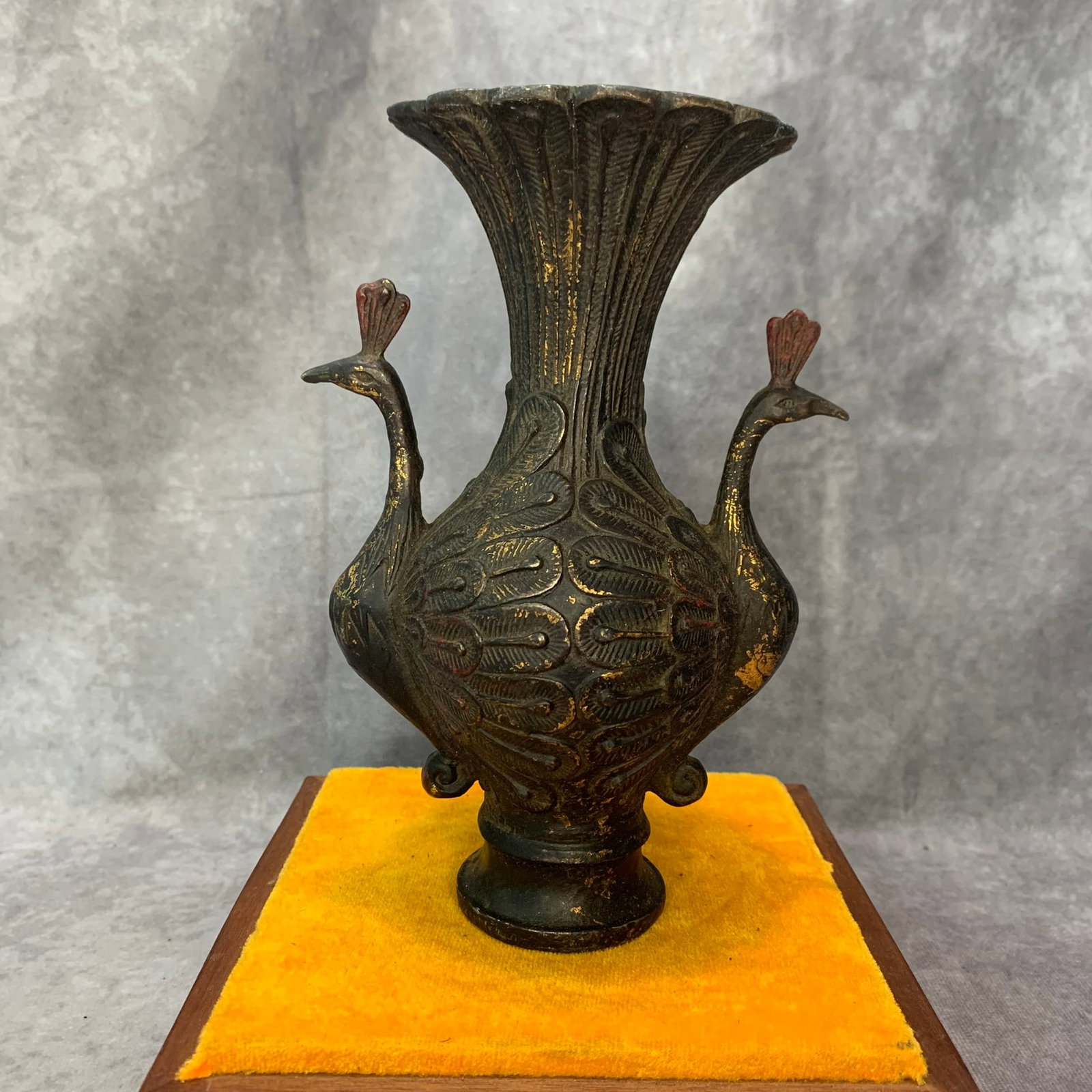A FINE CHINESE GILT-BRONZE PEACOCK VASE: 20th Century; High: 7.2 inch; Width: 5.0 inch; Long: 3.1 inch. Wooden base for display only