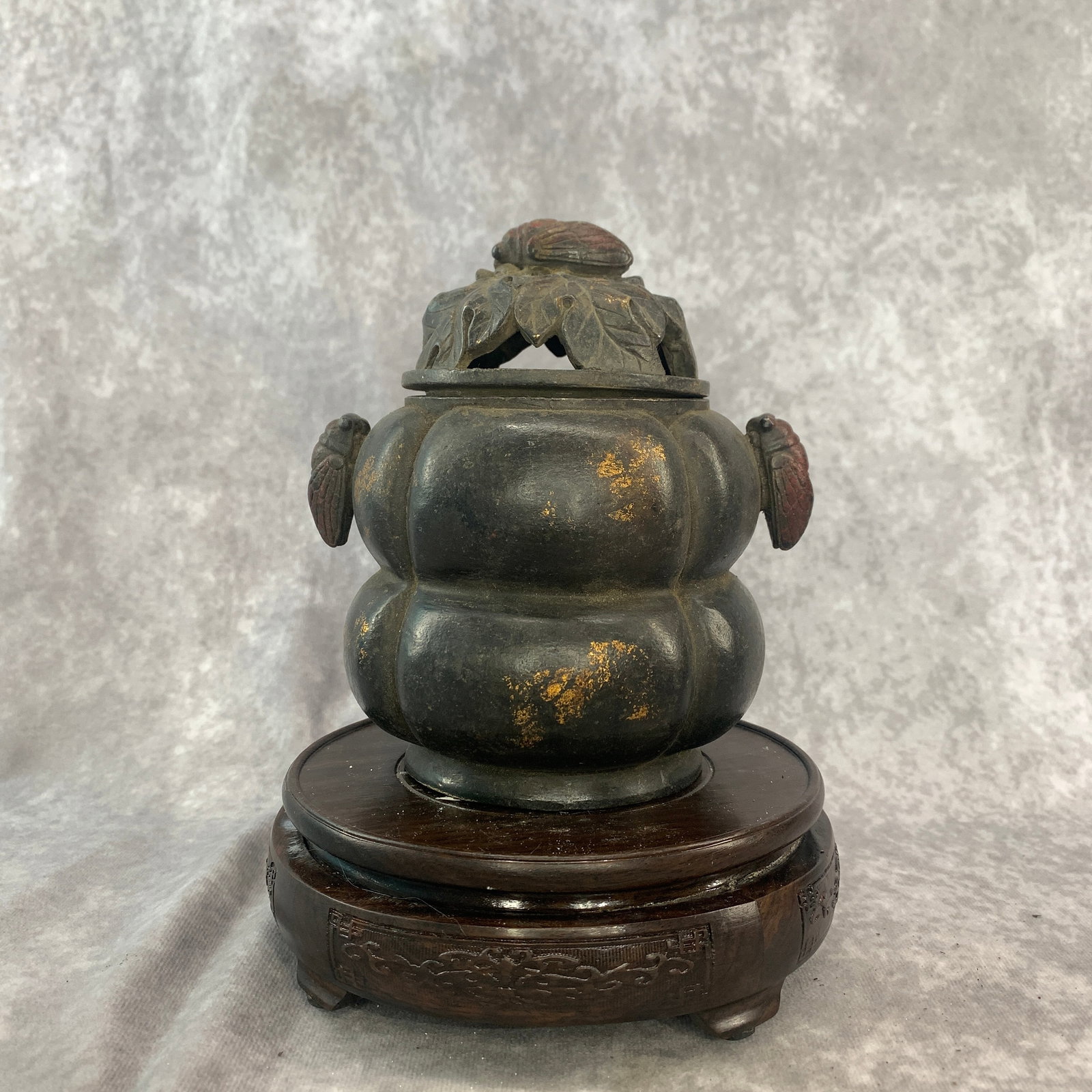BRONZE CICADA AND GOURD INCENSE BURNER: Qing Dynasty; Long: 5.78 inch; Width: 4.72 inch; High: 6.2 inch; . Wooden base for display only