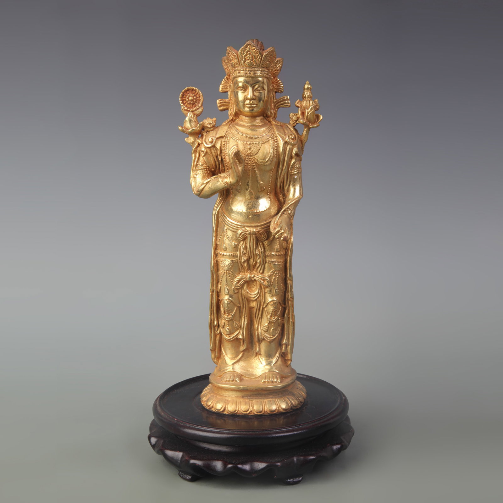 TIBETAN STYLE GILT BRONZE STATUE OF A STANDING BODHISATTVA: Qing Dynasty; High: 8.8 inch; . Wooden base for display only
