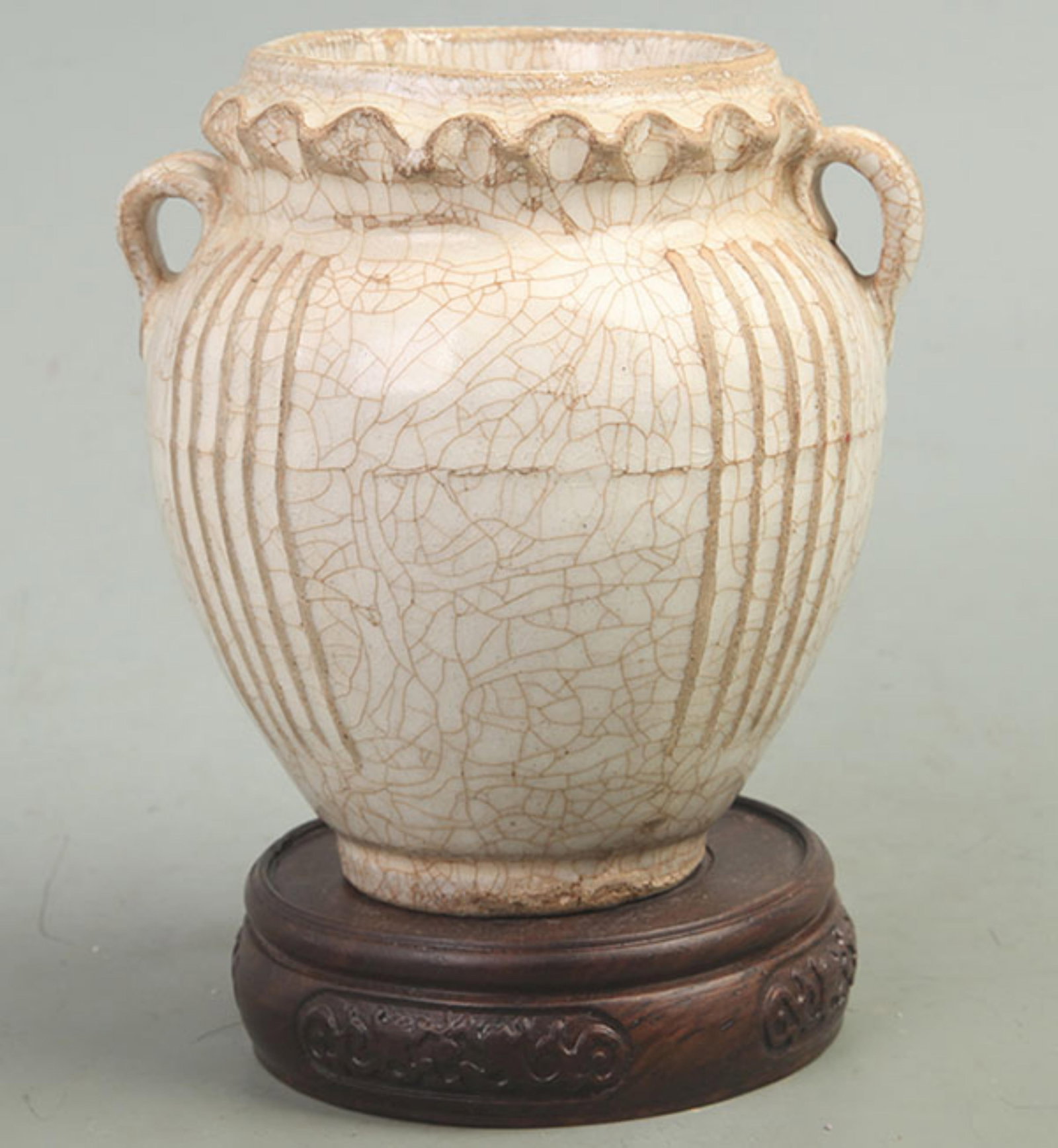 WHITE GLAZE DOUBLE-EARED PORCELAIN JAR: Song Dynasty Style; High: 5 inch; Diameter: 4.8 inch; . Wooden base for display only