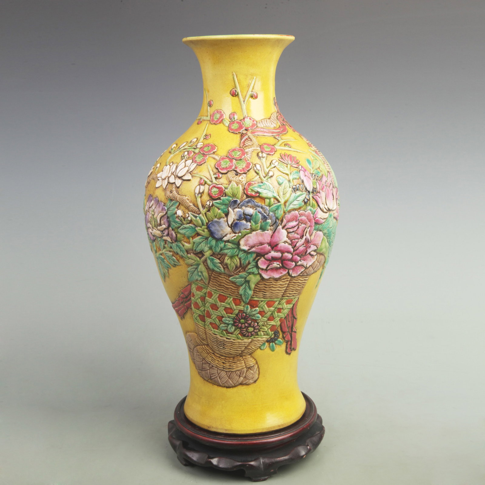 FLOWER AND BIRD CARVING PORCELAIN VASE: Qing Dynasty Qian Long Period; High: 16.2 inch; Width: 8.5 inch; . Wooden base for display only