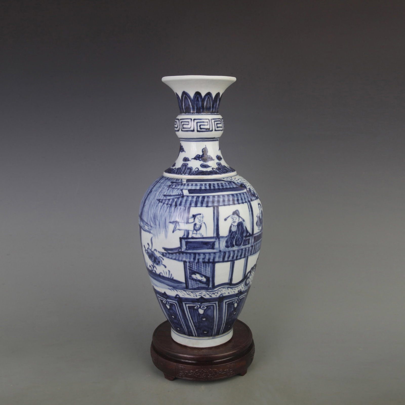 BLUE AND WHITE CHARACTER PATTERN PORCELAIN VASE: Ming Dynasty Style; Diameter: 7.0 inch; High: 15.8 inch; . Wooden base for display only