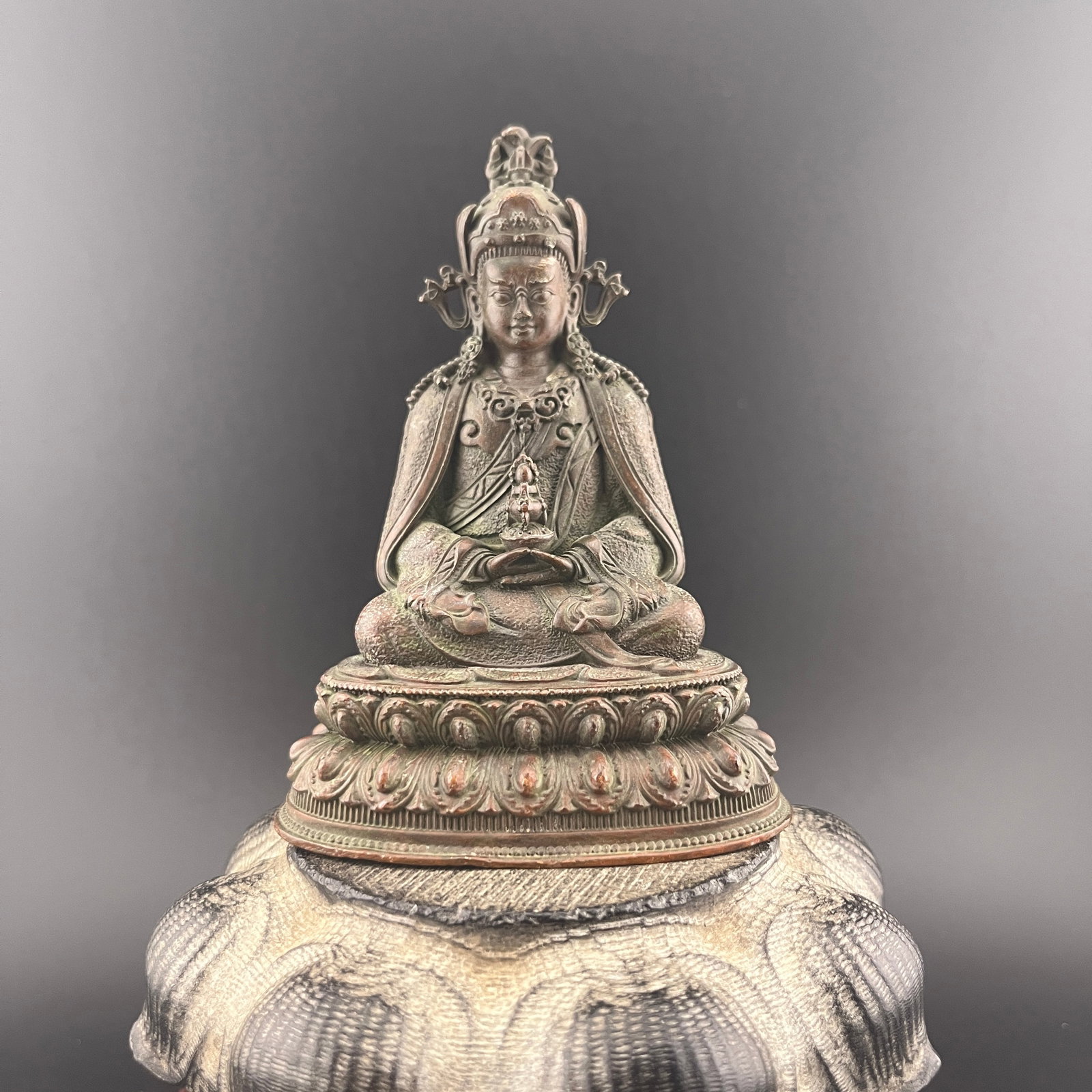 TIBETAN MINIATURE BRONZE STATUE OF AMITAYUS: Republic Period; Long: 3 inch; Width: 2 inch; High: 4.1 inch; . Wooden base for display only