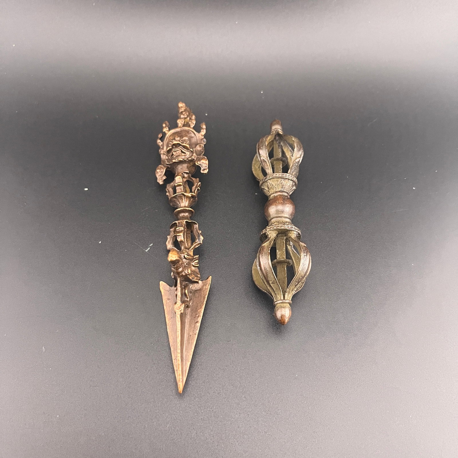 TIBETAN RITUAL BRONZE PHURBA DAGGER & SYMMETRICAL VAJRA SET: Republic Period; Long: 4.1 inch; Diameter: 1.1 inch; Long: 0.8 inch; Width: 0.7 inch; High: 5.4 inch; . Wooden base for display only