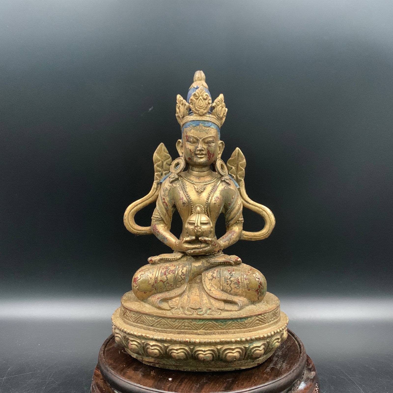 RARE GILT BRONZE AMITAYUS (THE BUDDHA OF INFINITE LIFE): Qing Dynasty; Long: 5 inch; Width: 4 inch; High: 8.4 inch; . Wooden base for display only