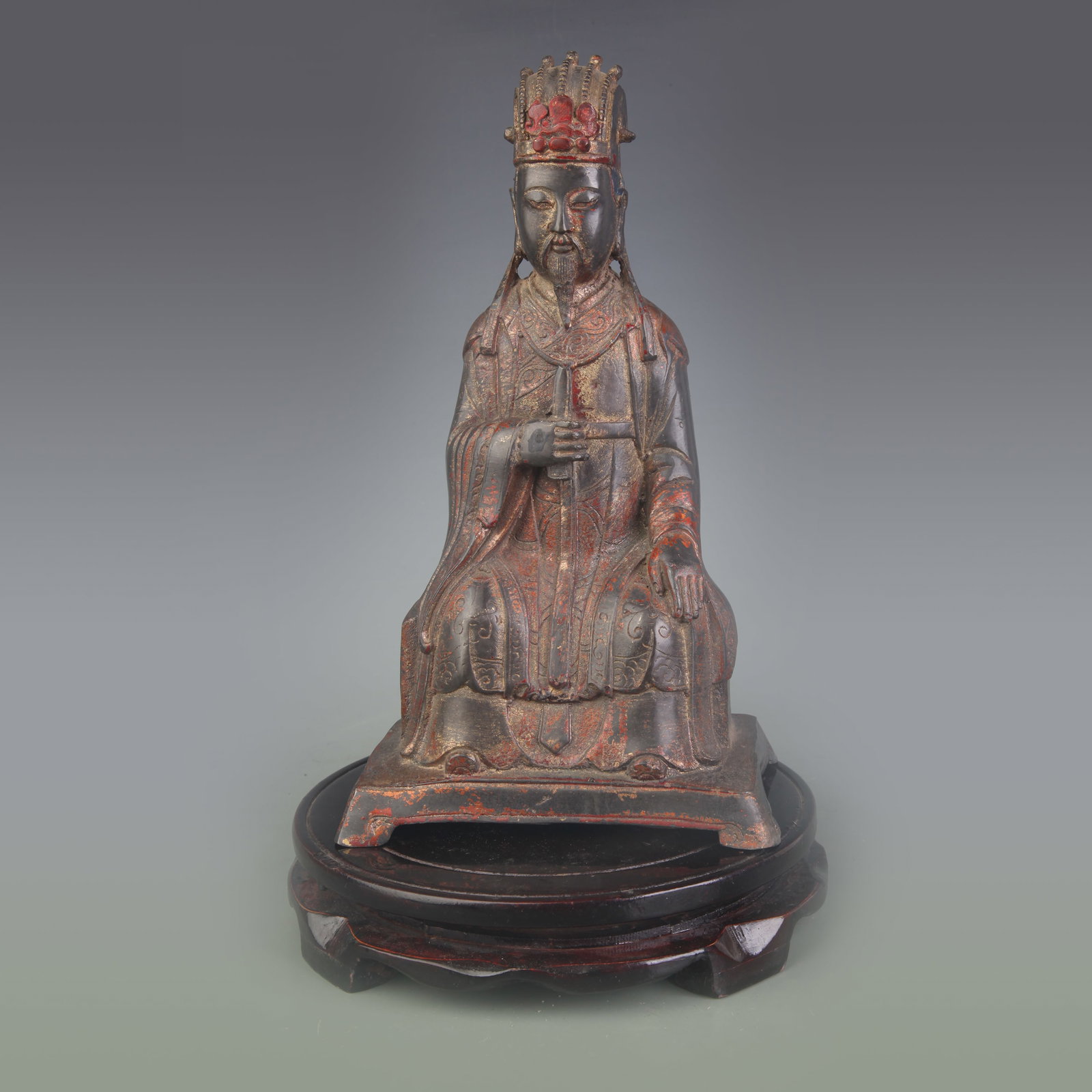 PARTIAL-GILT BRONZE STATUE OF CIVIL OFFICIAL STATUE: Qing Dynasty; Width: 5.3 inch; High: 9.0 inch. Wooden base for display only