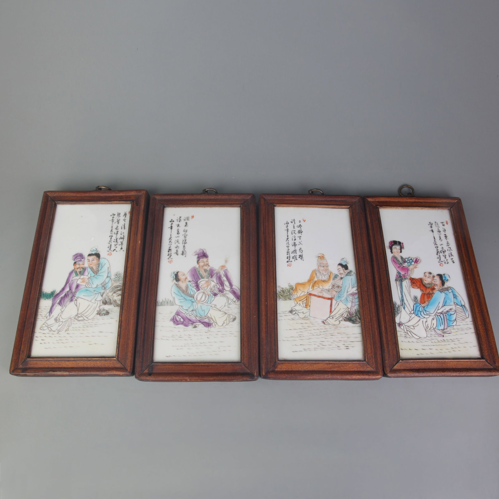 GROUP OF FOUR WANG DA FA MARK PORCELAIN PAINTING: Modern; Long: 11.2 inch; Width: 6.5 inch; High: 0.8 inch; . Wooden base for display only