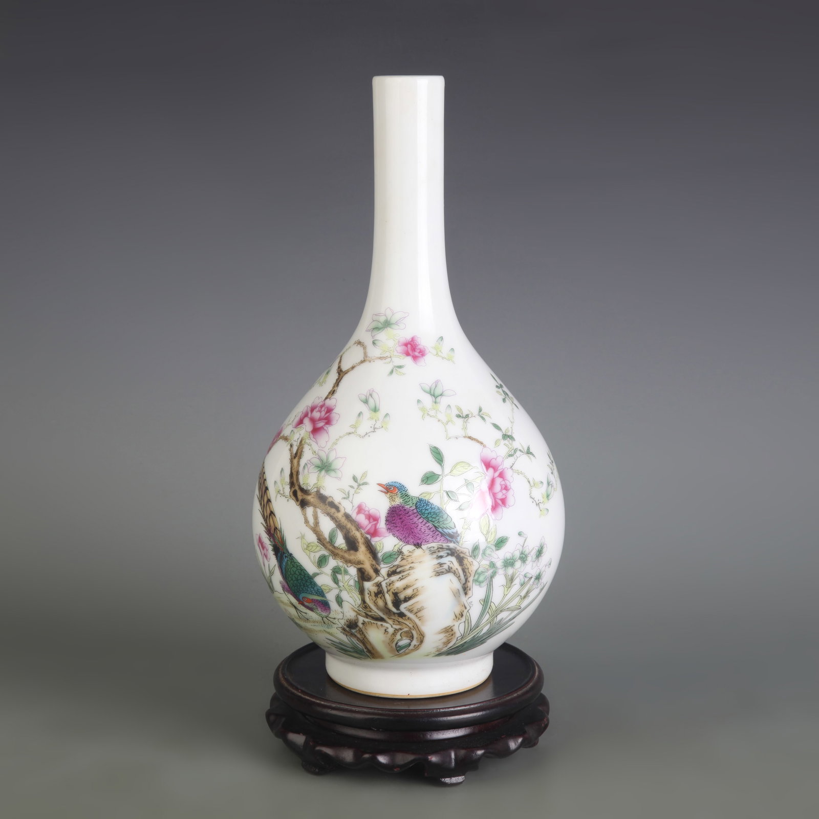 FAMILLE ROSE VASE WITH FLORAL AND BIRD DECORATION: Qing Dynasty Yong Zheng Period; Diameter:2.9 inch; High: 10.8 inch ;Wooden base for picture and display only.