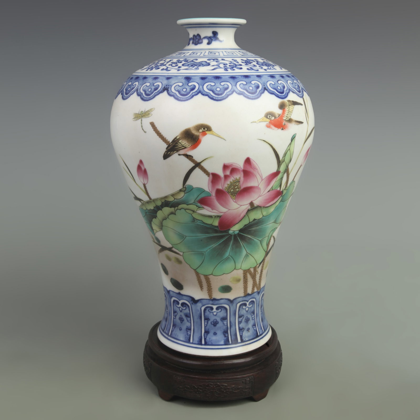 BLUE AND WHITE BORDER "FAMILY HARMONY BRINGS PROSPERITY" PLUM VASE: Qing Dynasty Yong Zheng Period; High: 12 inch; Width: 8 inch ;Wooden base for picture and display only.