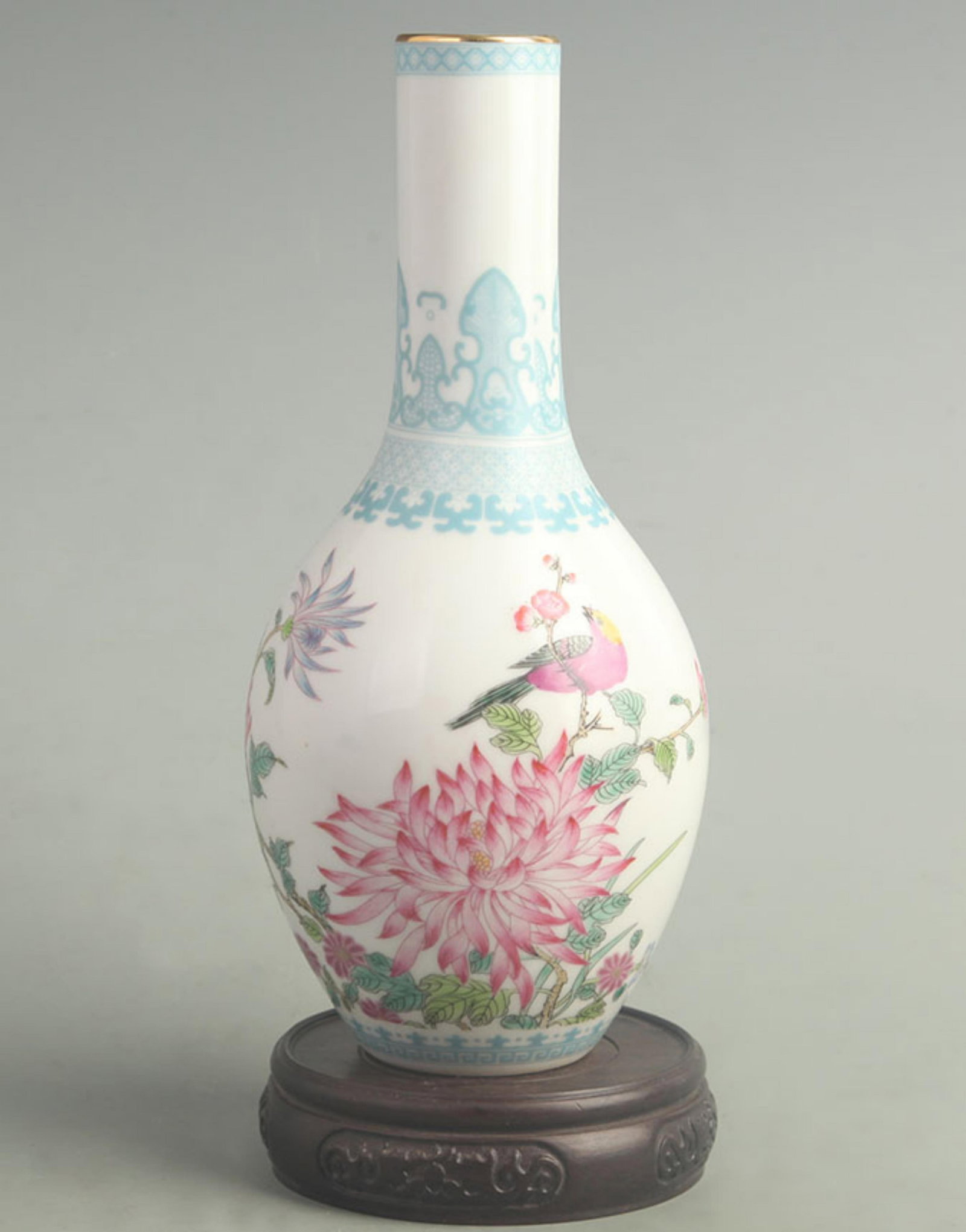 CLOISONNE ENAMEL CHRYSANTHEMUM FLOWER AND BIRD LONG NECKED VASE: Qing Dynasty Yongzheng Period; High: 8.50 inch; Width: 3.50 inch; ;Wooden base for picture and display only.