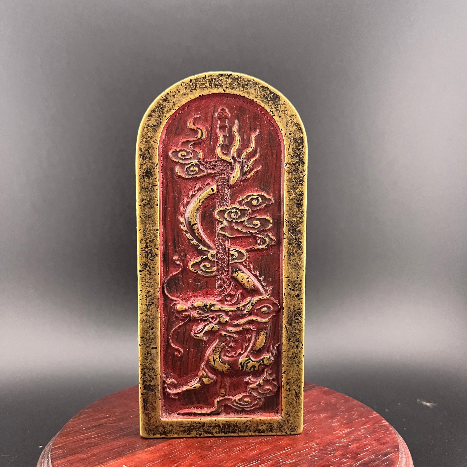 CHINESE BRONZE TAOIST COMMAND TALLY: Republic Period; Long: 5.1 inch; Width: 2.3 inch; High: 0.4 inch; ;Wooden base for picture and display only.