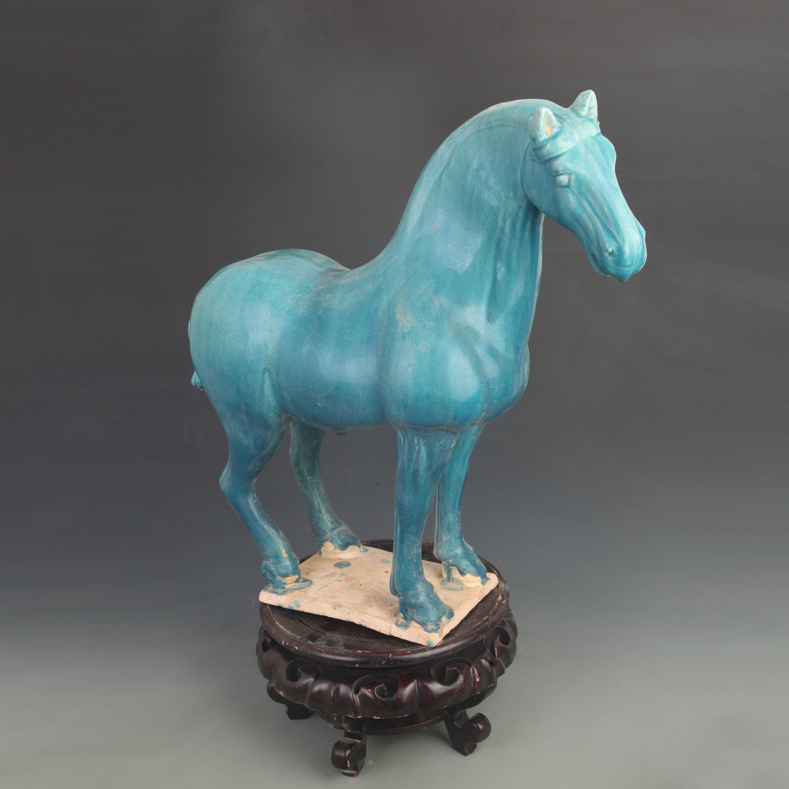 A FINE BLUE GREEN GLAZE TERRACOTTA HORSE STATUE: Tang Dynasty Style; High: 16.0 inch; Width: 16.5 inch ;Wooden base for picture and display only.