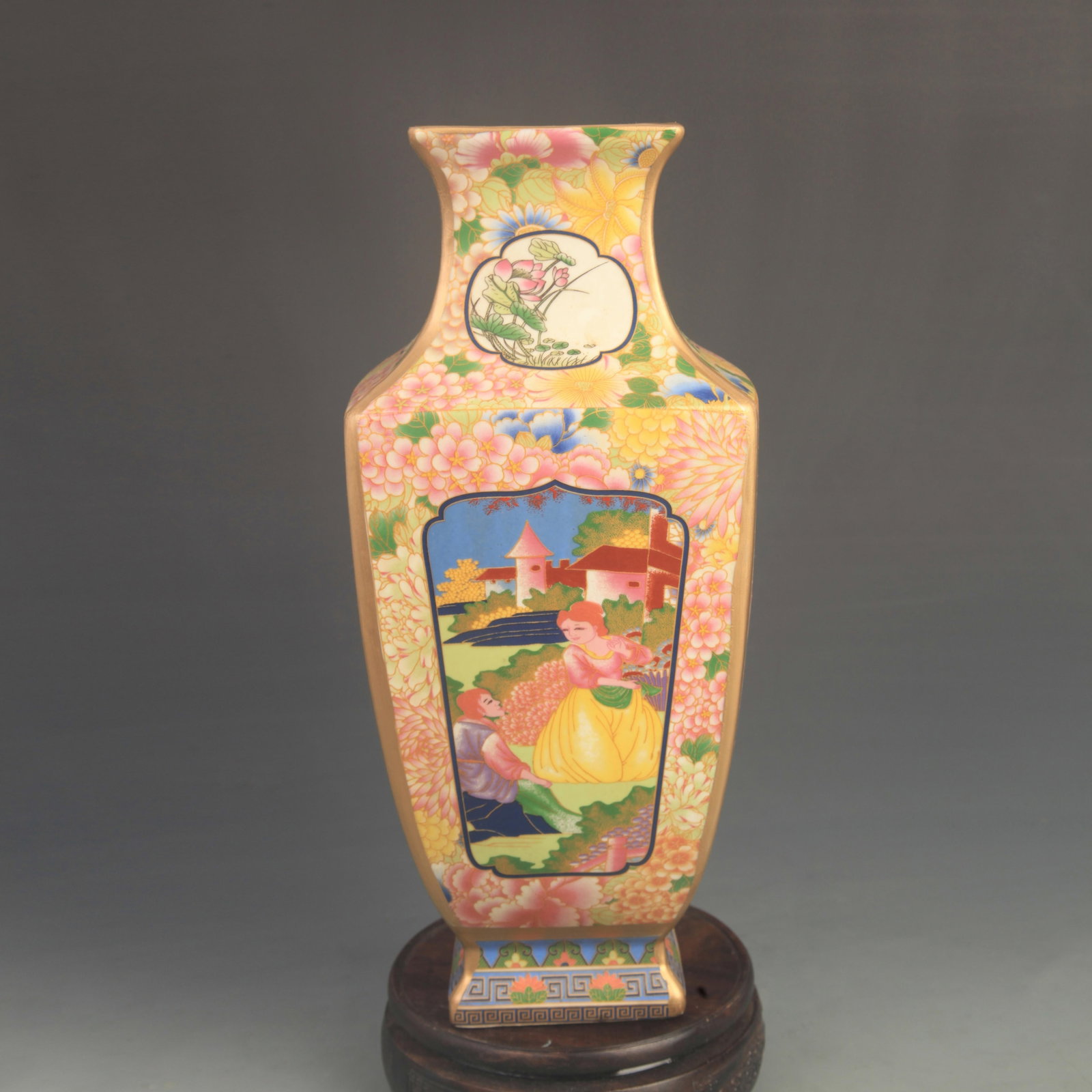 FAMILLE ROSE ENAMEL SQUARE VASE WITH RESERVED PANELS OF WESTERN FIGURES: Qing Dynasty Yong Zheng Period; High: 12.0 inch; Diameter:5.00 inch ;Wooden base for picture and display only.