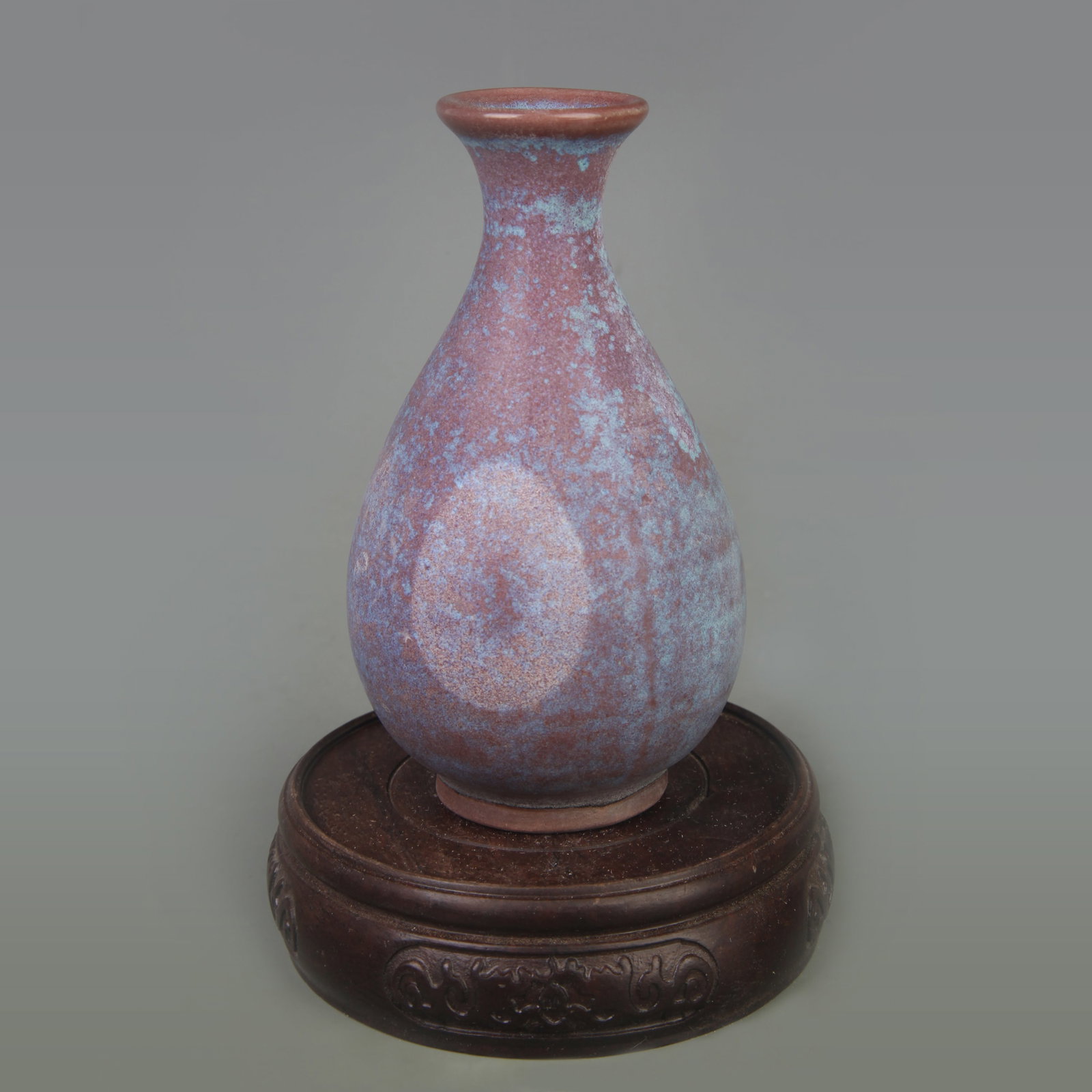 JUN WARE SMALL YUHUCHUN PORCELAIN VASE: Song Dynasty Style; High: 4.7 in; Diameter:1.5 in ;Wooden base for picture and display only.
