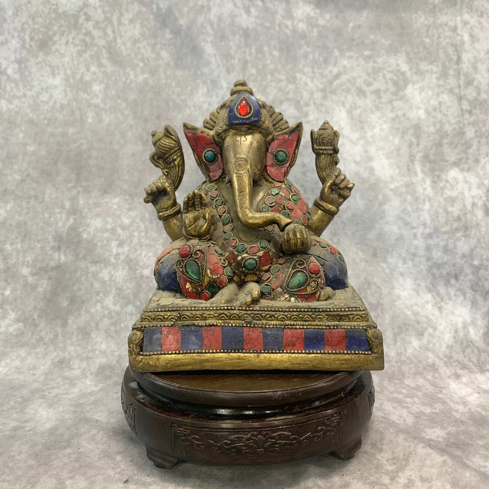 RARE TIBETAN BRASS GANESHA STATUE WITH INLAYS: Qing Dynasty; Long: 5.9 inch; Width: 3.8 inch; High: 6.7 inch; ;Wooden base for picture and display only.