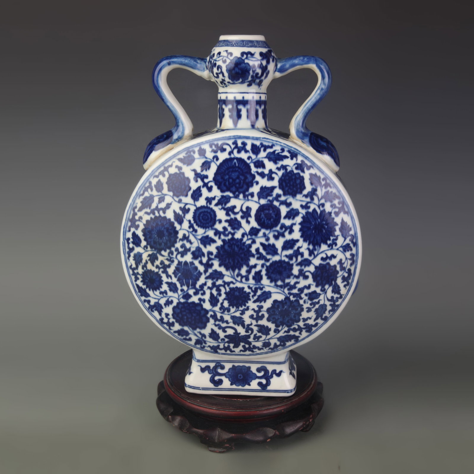 BLUE AND WHITE MOON FLASK WITH LOTUS SCROLL DECORATION (1 of 5)