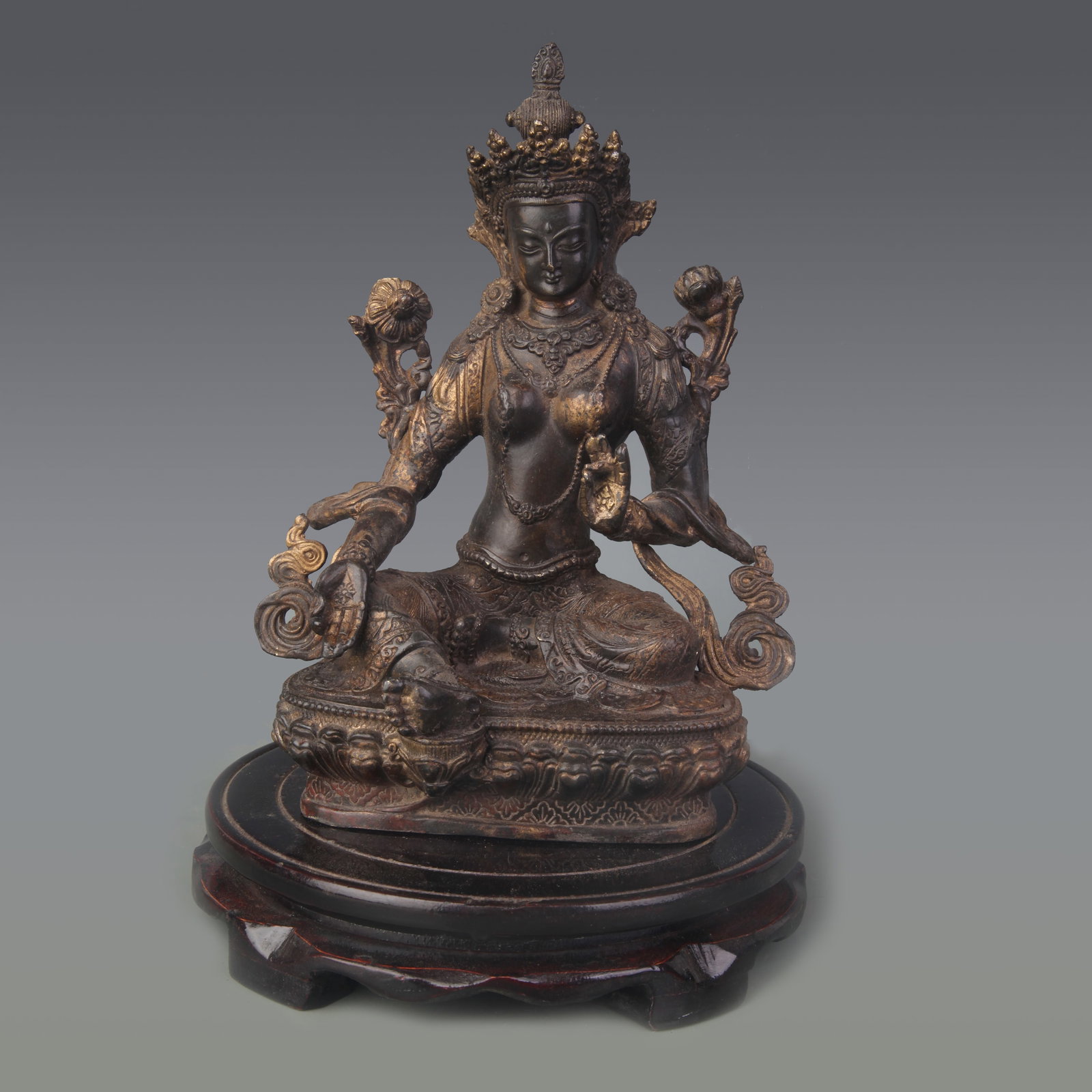 TIBETAN BRONZE STATUE OF GREEN TARA: Qing Dynasty; High: 8.3inch;;Wooden base for picture and display only.