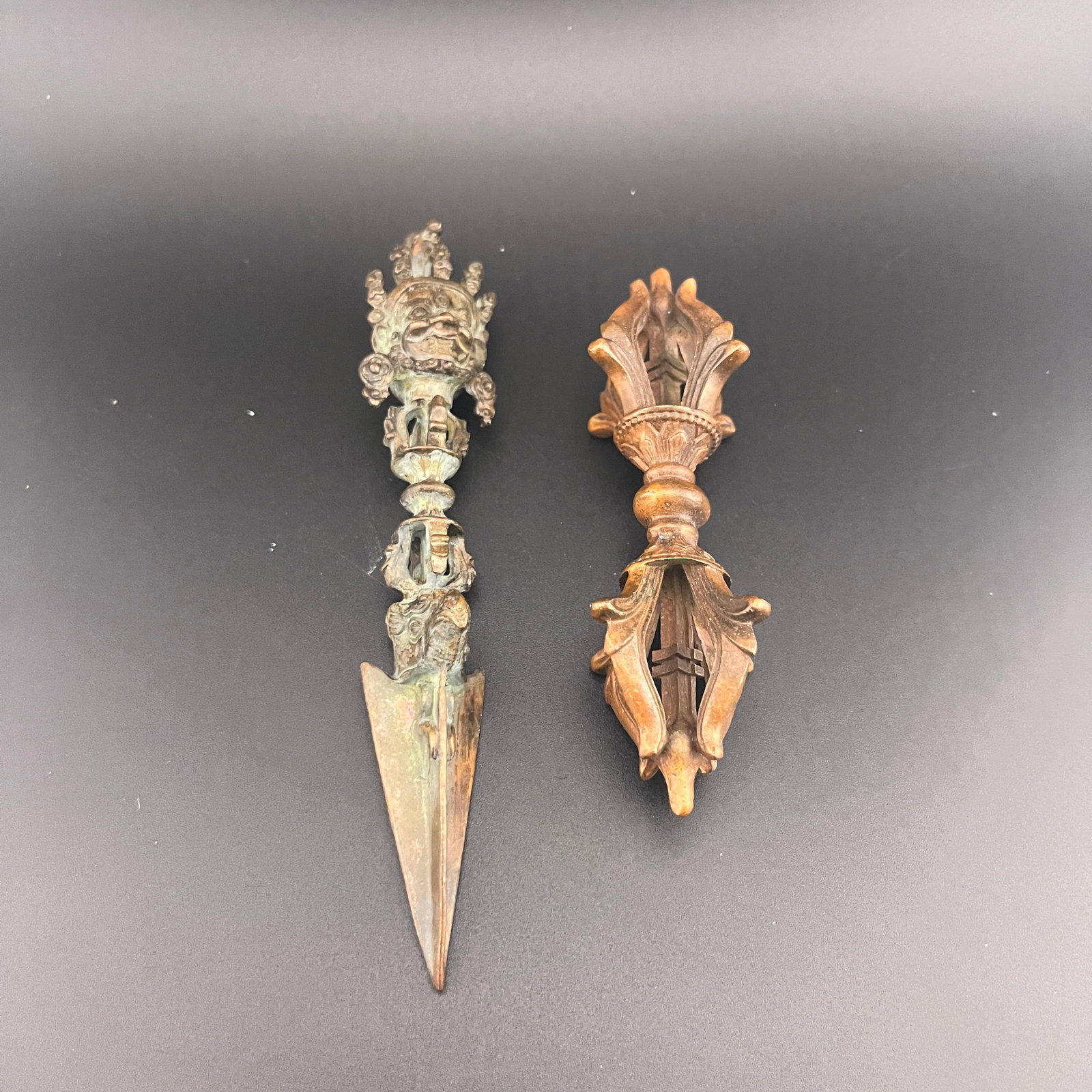 TIBETAN PHURBA DAGGER & VAJRA DORJE: Republic Period; Long: 1.1 inch; Width: 0.9 inch; High: 1.1 inch; Long: 4.4 inch; Diameter: 1.5 inch; ;Wooden base for picture and display only.