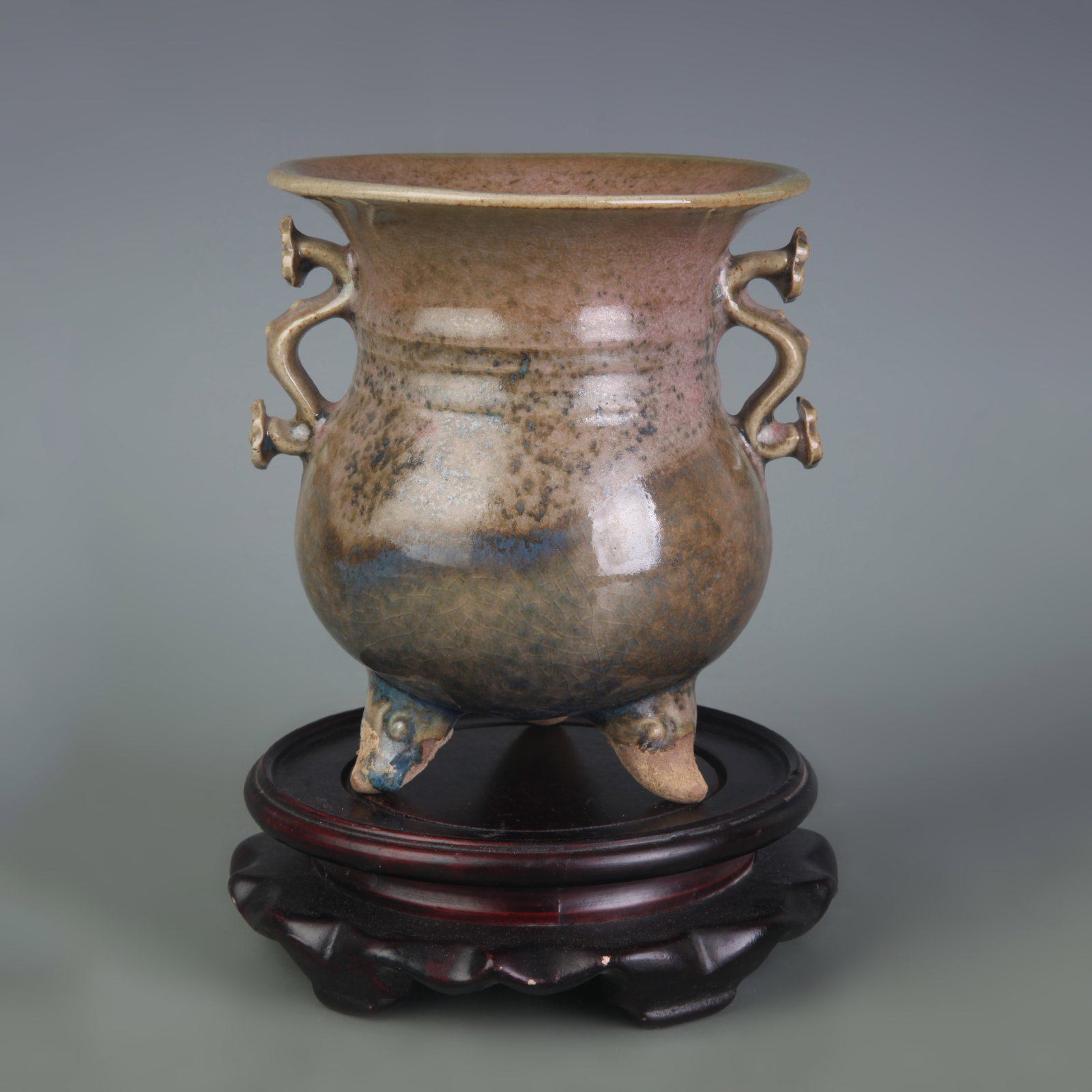 EEL-YELLOW-GLAZED TRIPOD INCENSE BURNER WITH RUYI HANDLES: Qing Dynasty; High: 5.2 inch; Diameter:4.5 inch ;Wooden base for picture and display only.