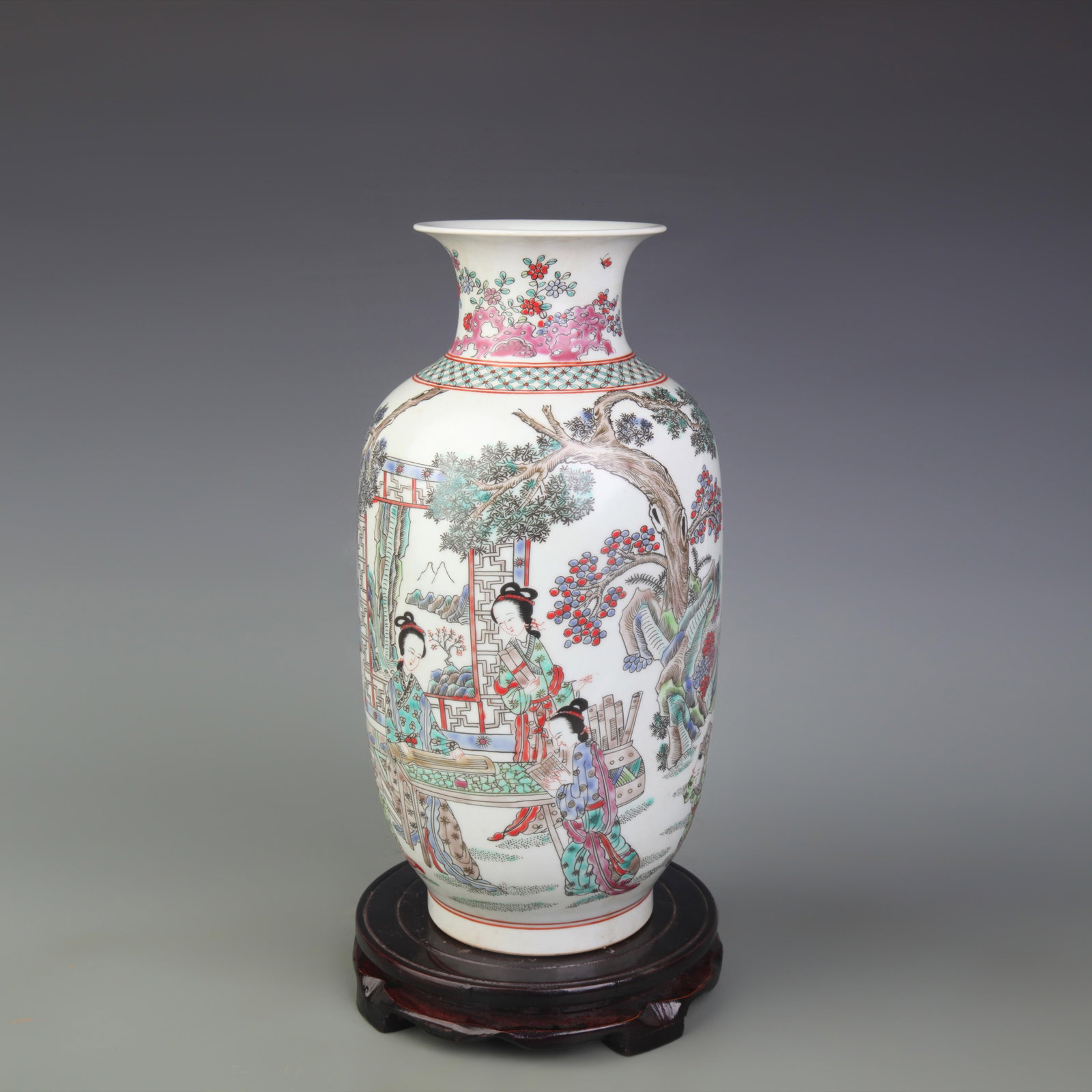 A FAMILLE-ROSE FIGURAL LANTERN STYLE PORCELAIN VASE: Qing Dynasty Yong Zheng Period; High: 12.2 inch ;Wooden base for picture and display only.