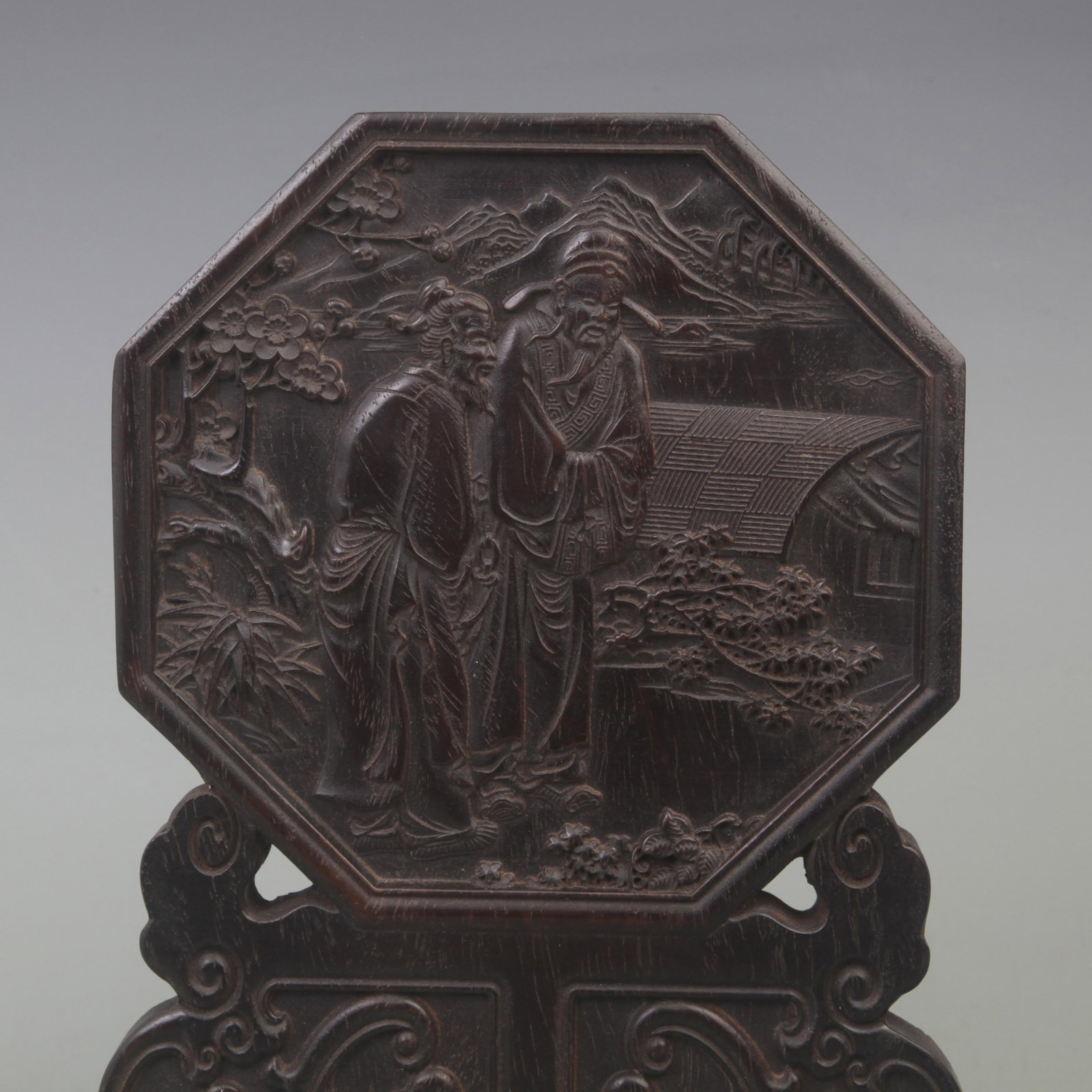 OLD REDWOOD CARVED TABLE SCREEN WITH CHARACTER PATTERN - 2