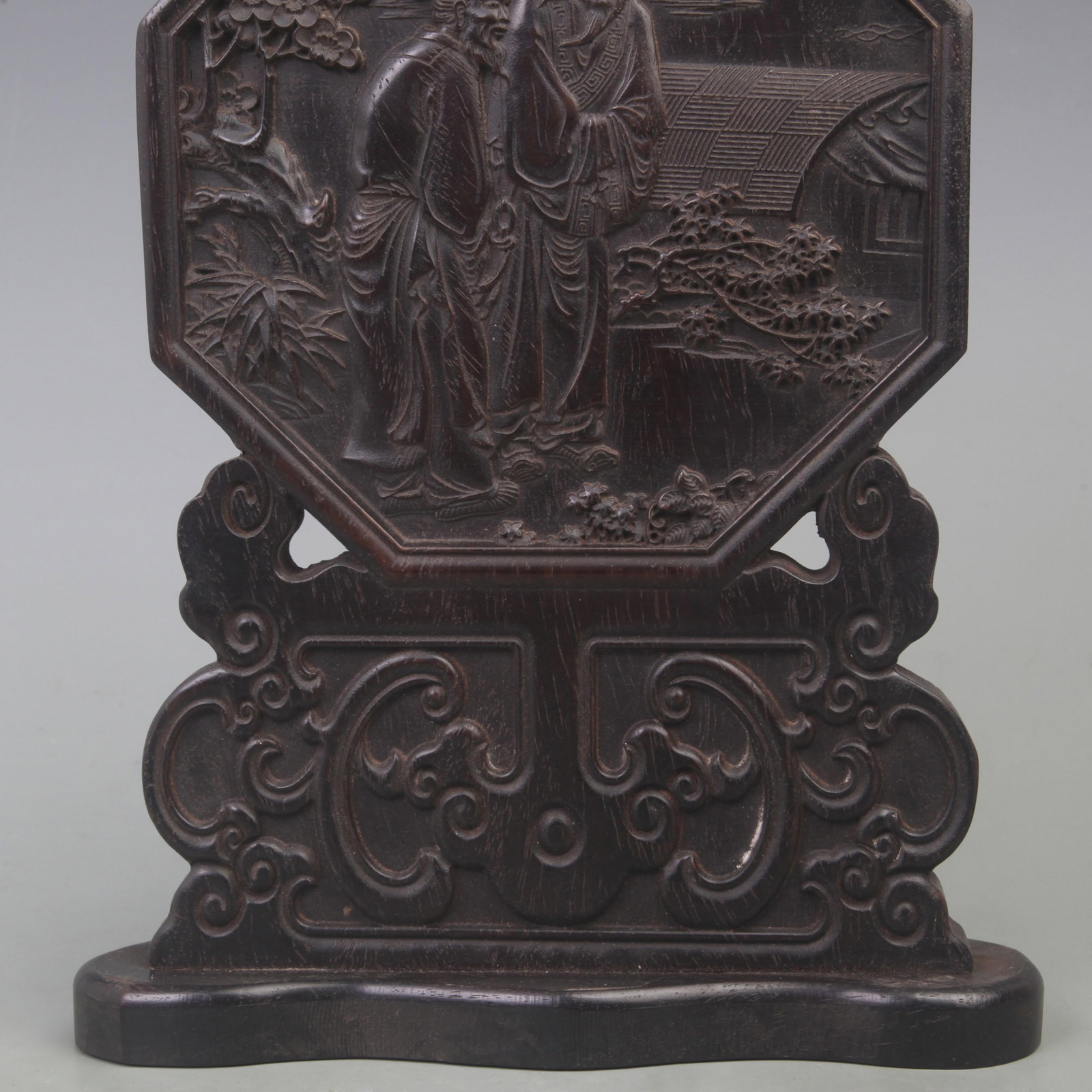 OLD REDWOOD CARVED TABLE SCREEN WITH CHARACTER PATTERN - 3
