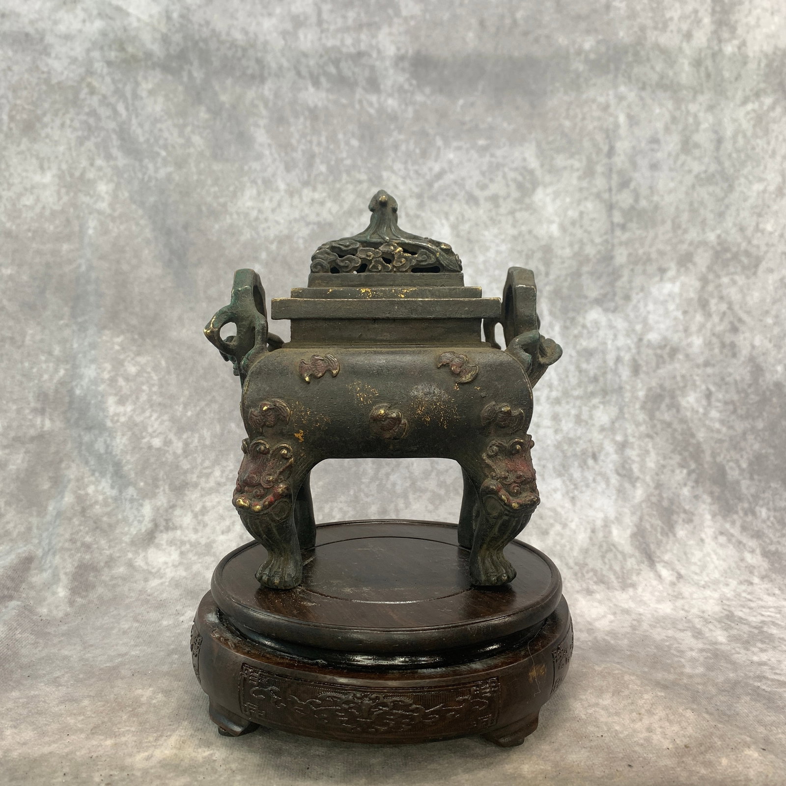 A FINE BRONZE SQUARE RITUAL FANGDING CENSER: Qing Dynasty; Long: 6 inch; Width: 3.7 inch; High: 6.7 inch; ;Wooden base for picture and display only.