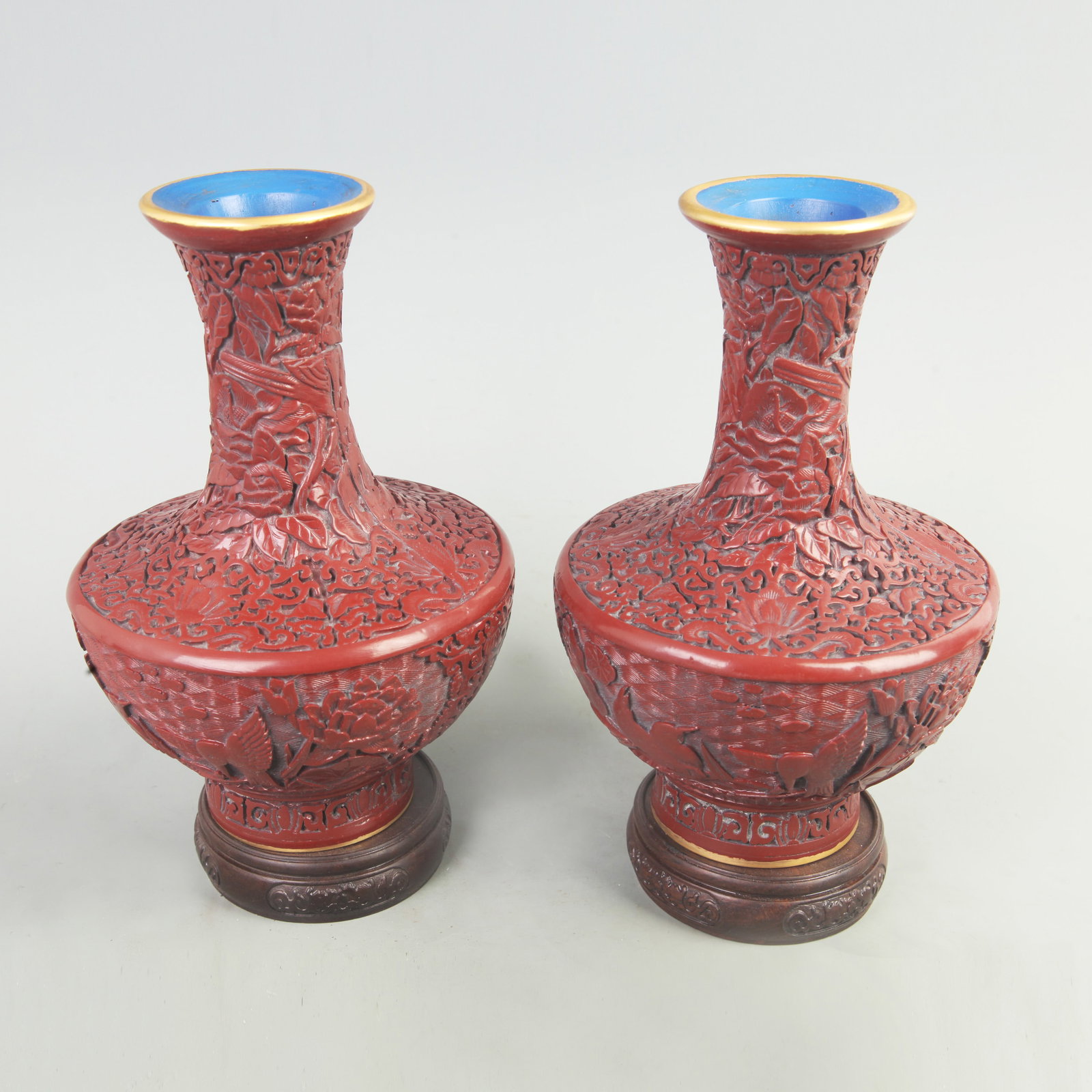 RARE PAIR OF RED CARVED LACQUER MADE BRONZE VASE: Qing Dynasty; High: 9.00 inch; Width: 3.00 inch; ;Wooden base for picture and display only.