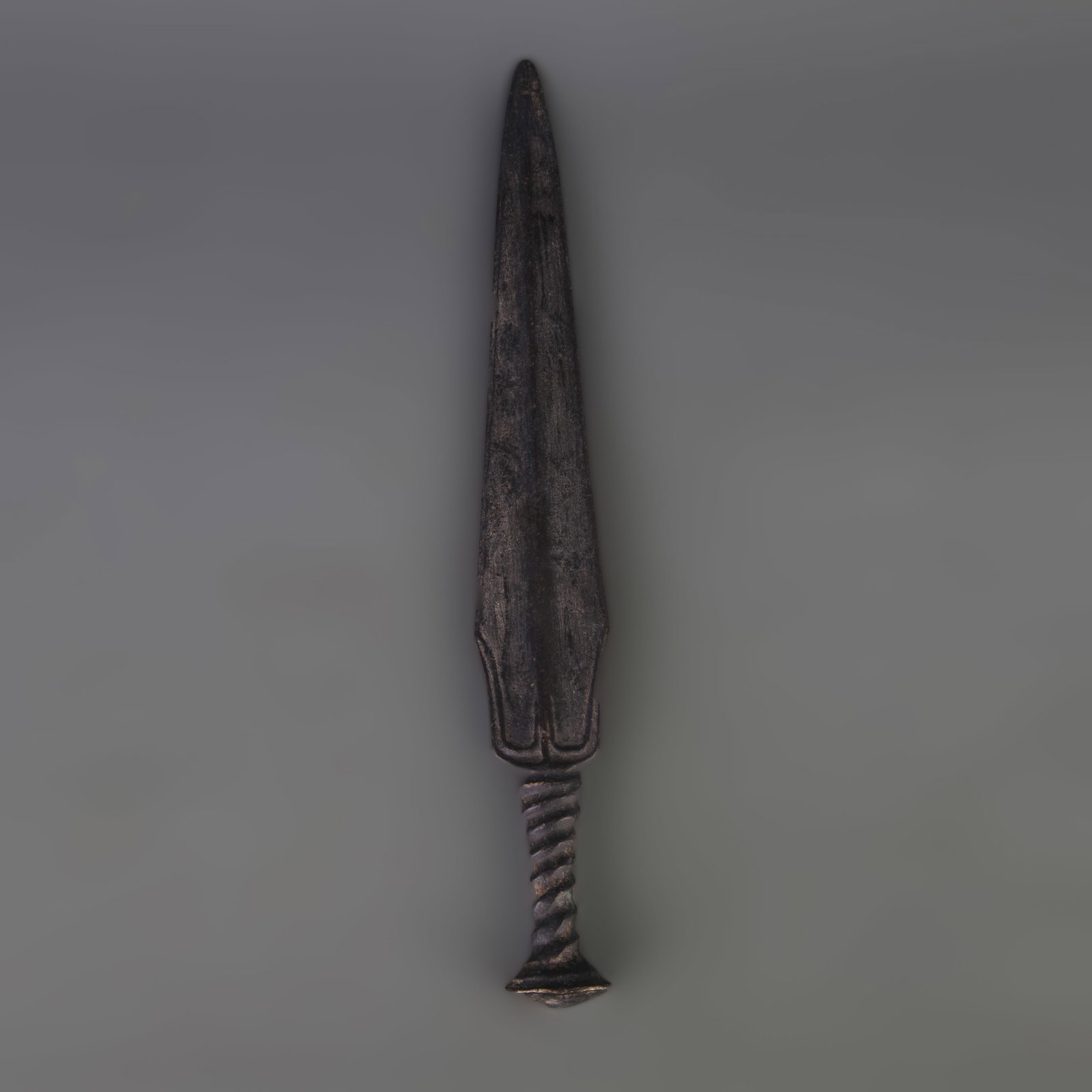A FINE HAN DYNASTY STYLE BRONZE DAGGER WITH TWISTED HANDLE: Han Dynasty Style; Long: 14.0 inch; Width: 1.9 inch ;Wooden base for picture and display only.