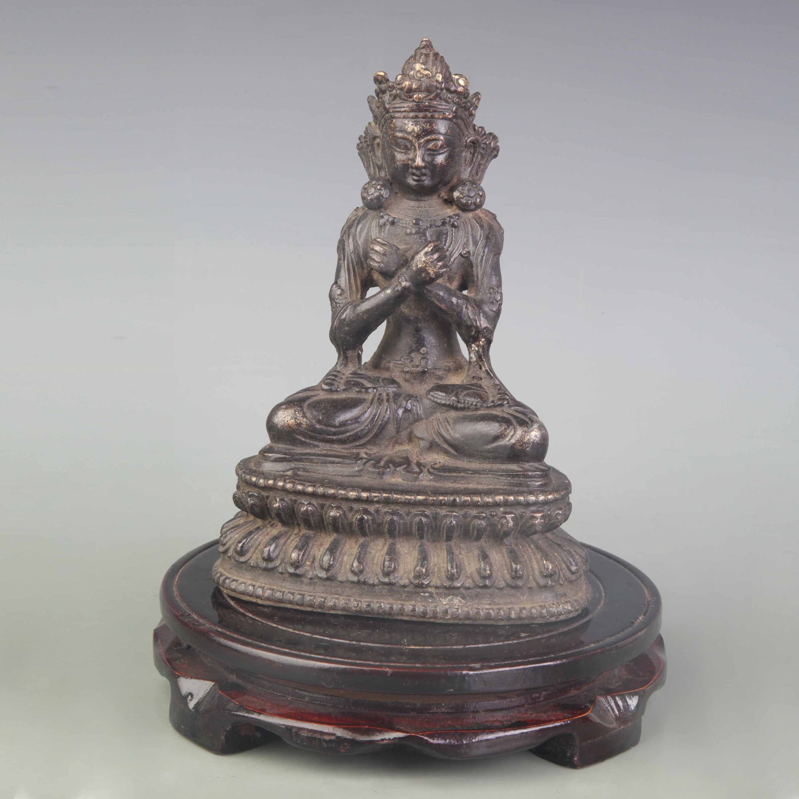 A FINE TIBETIAN BRONZE FIGURE OF VAJRADHARA: Qing Dynasty; High: 7.2 inch ;Wooden base for picture and display only.