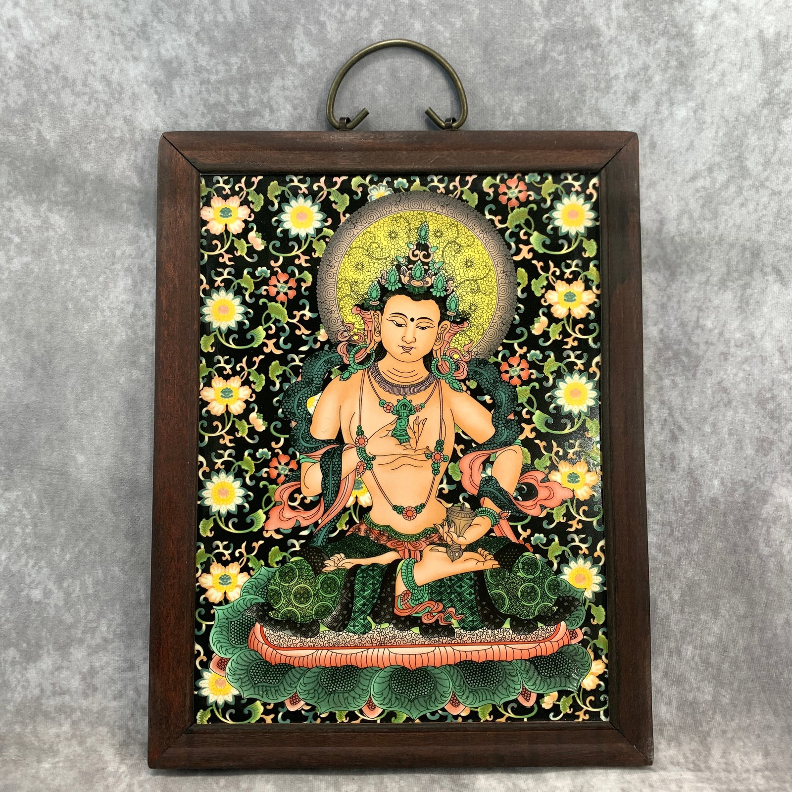 A FINE PORCELAIN VAJRASATTVA BUDDHIST DEITY WALL PLAQUE: Modern; Long: 14.5 inch; Width: 11.2 inch; High: 0.7 inch; ;Wooden base for picture and display only.