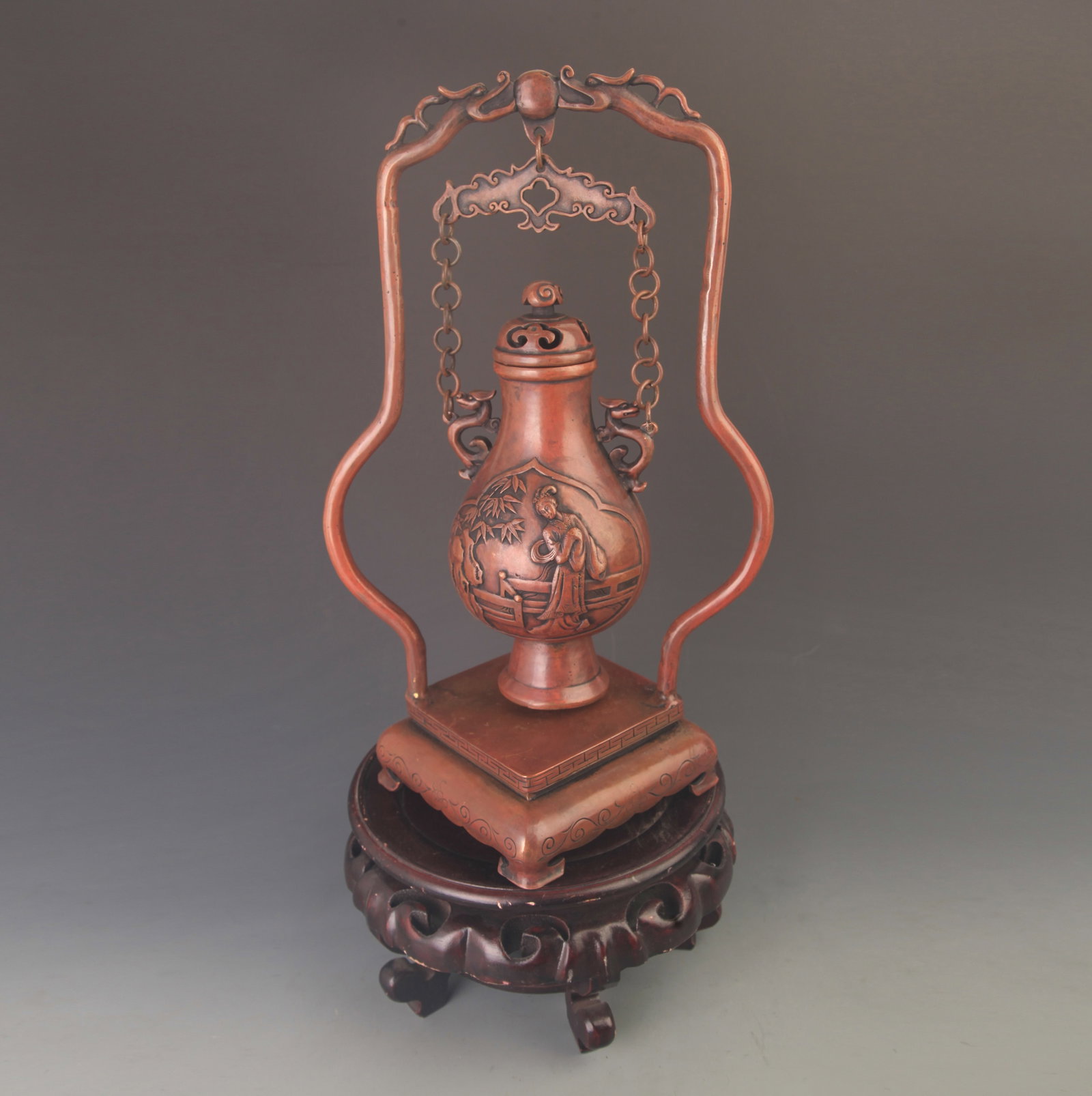 BRONZE OPENWORK DOUBLE-DRAGON HANDLED LADY-AND-FLOWER VASE (1 of 7)
