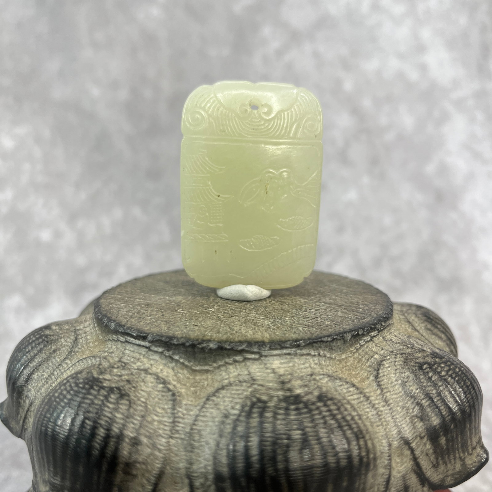 HETIAN JADE PAVILION AND LANDSCAPE PLAQUE: Republic Period; Long: 1.95 inch; Width: 1.33 inch; High: 0.83 inch; ;Wooden base for picture and display only.
