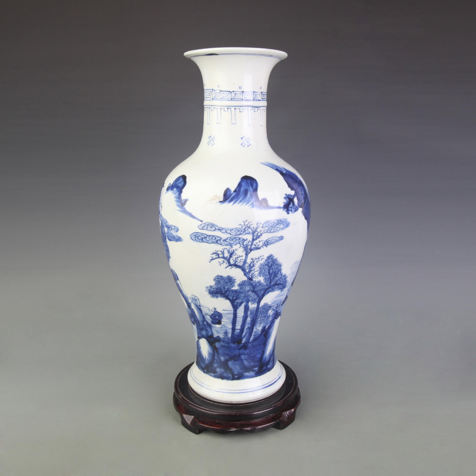 BLUE AND WHITE PORCELAIN VASE WITH LANDSCAPE DECORATION: Qing Dynasty Kang Xi Period; Diameter: 5.1 inch; High: 17.1 inch;;Wooden base for picture and display only.