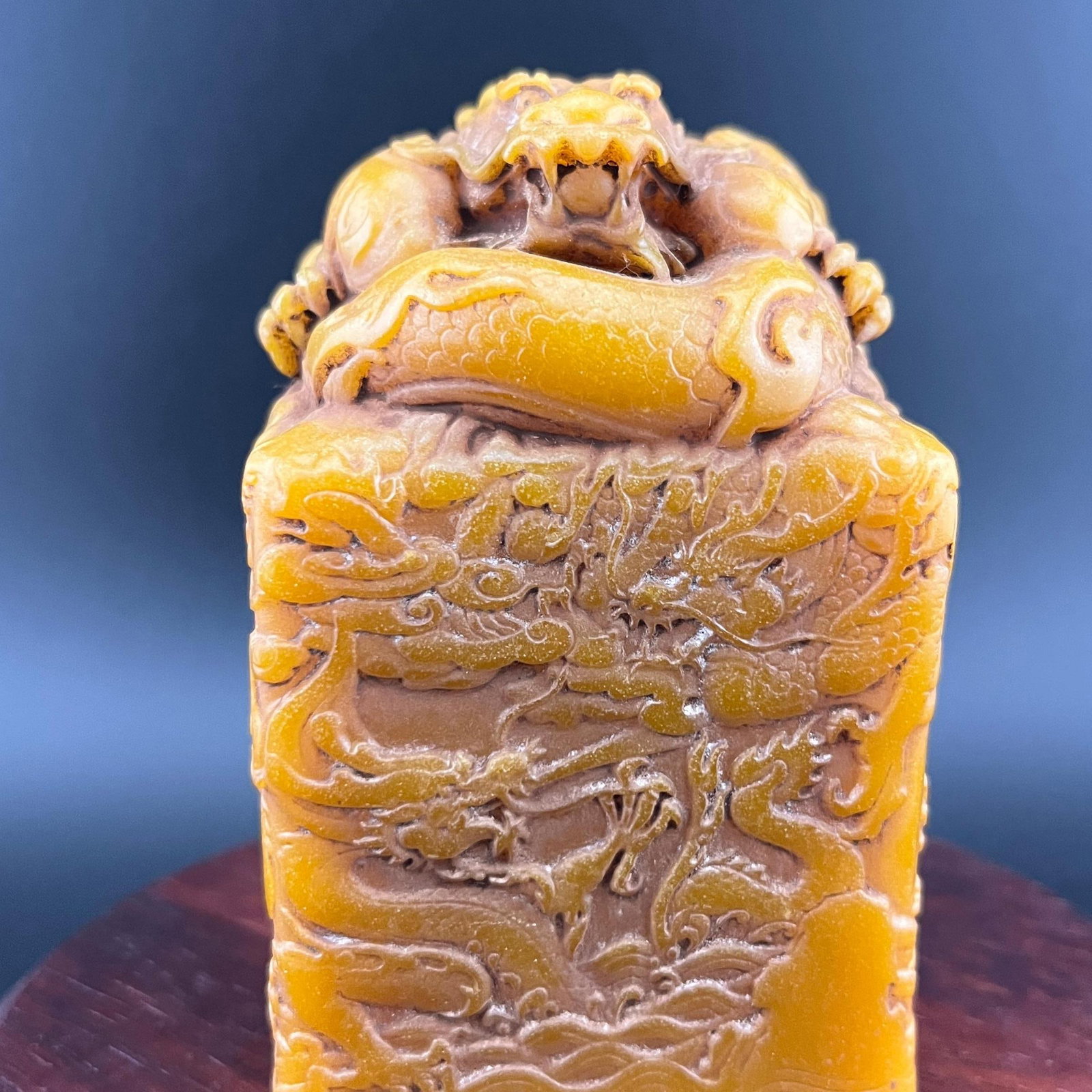 CARVED SHOUSHAN STONE DRAGON SEAL: Modern; Long: 2.3 inch; Width: 2.3 inch; High: 3.7 inch; ;Wooden base for picture and display only.