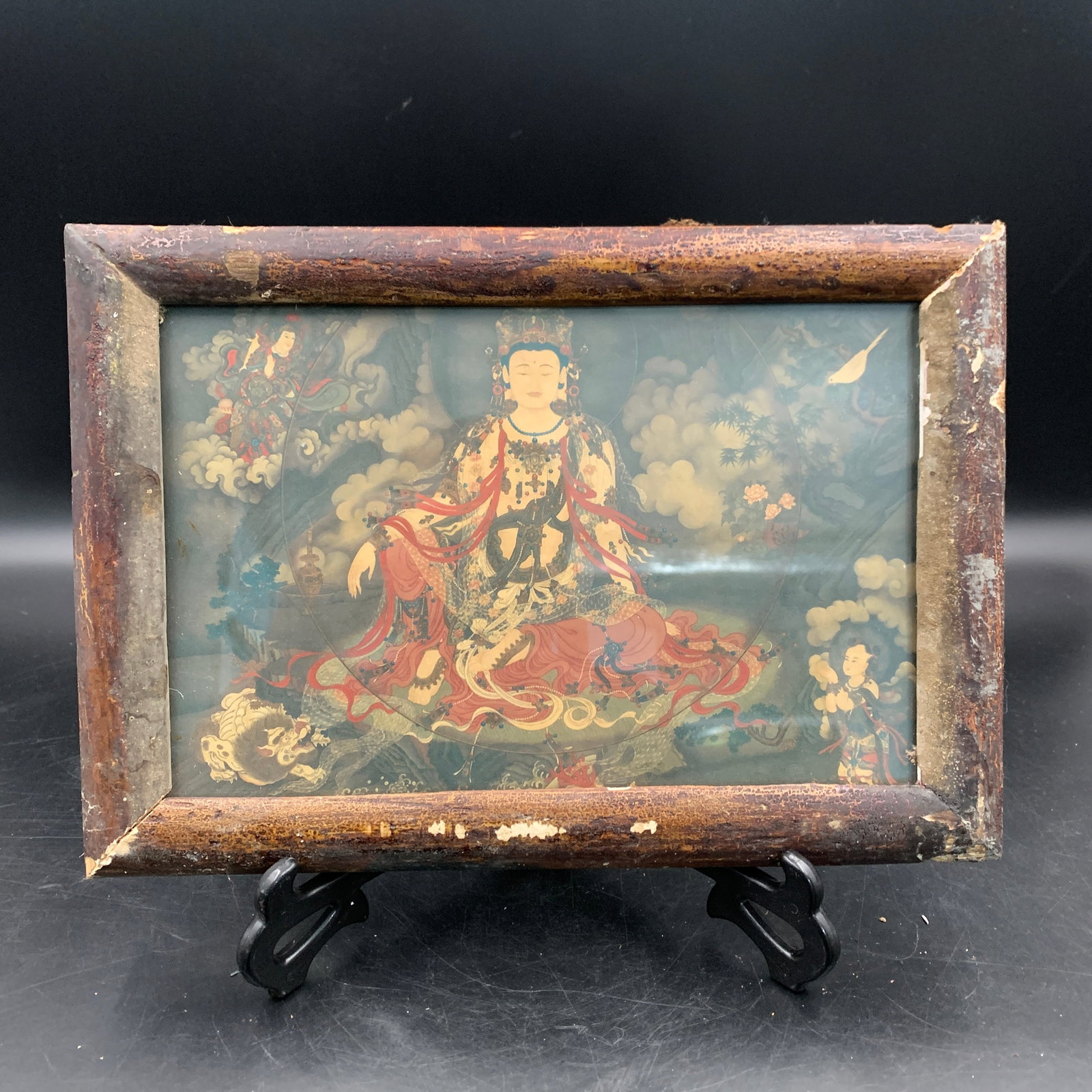 A WOOD FRAME WATER-MOON GUANYIN PAINTING: Modern; Long: 11.4 inch; Width: 8 inch; High: 0.7 inch; ;Wooden base for picture and display only.