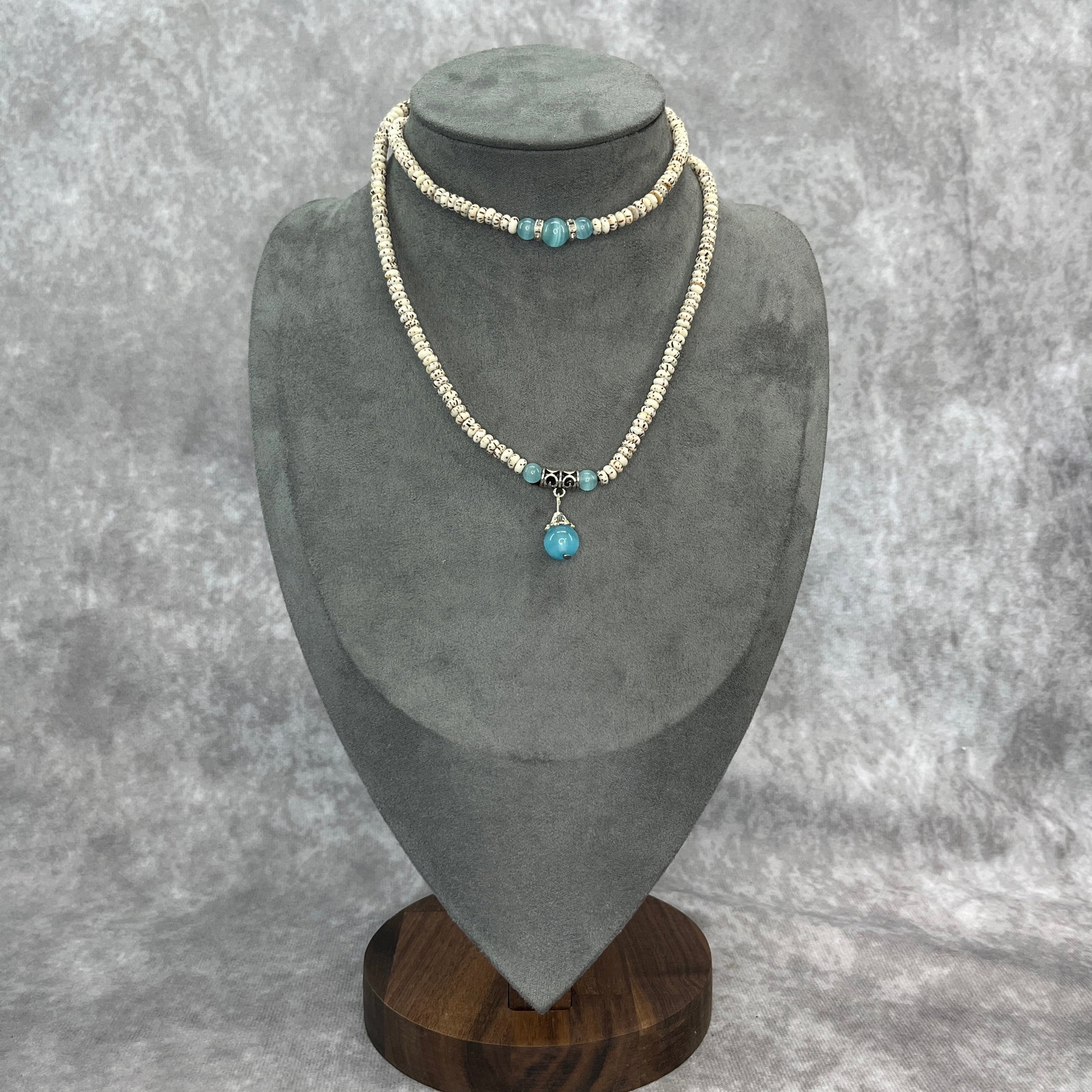 STAR-MOON BODHI SEED MALA WITH BLUE CHALCEDONY: Modern; Long: 13.5 inch; Diameter: 0.18 inch; ;Wooden base for picture and display only.