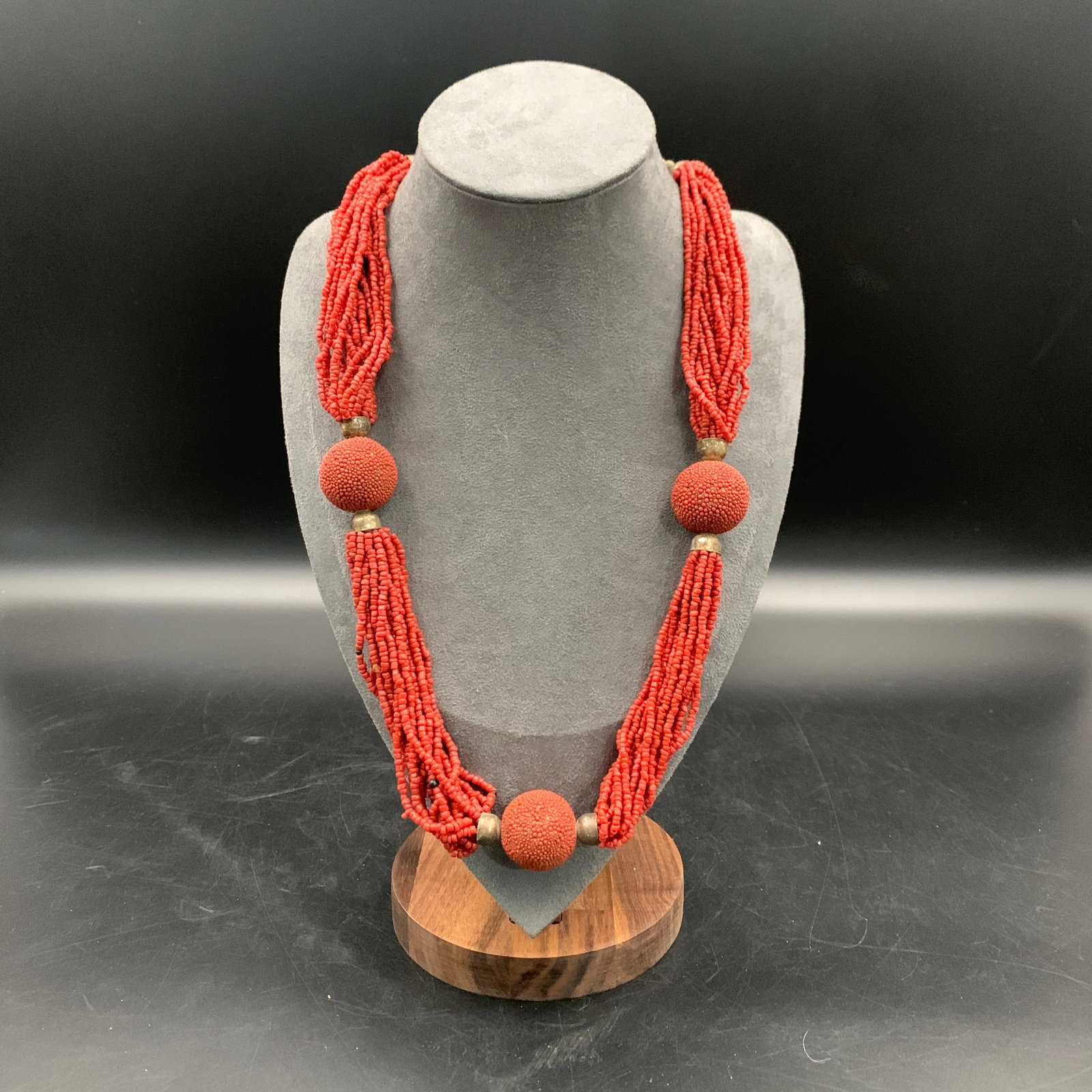 HIMALAYAN MULTI-STRAND CORAL SEED BEAD NECKLACE: Modern; Long: 11.8 inch; Diameter: 0.9 inch; ;Wooden base for picture and display only.