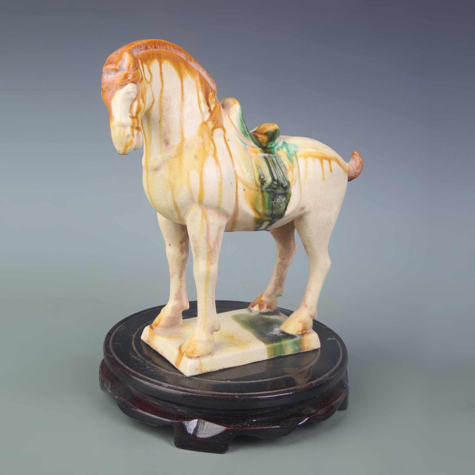 A SANCAI COLOR POTTERY HORSE FIGURE: Tang Dynasty Style; Long: 8.1 inch; High: 8.2 inch;;Wooden base for picture and display only.
