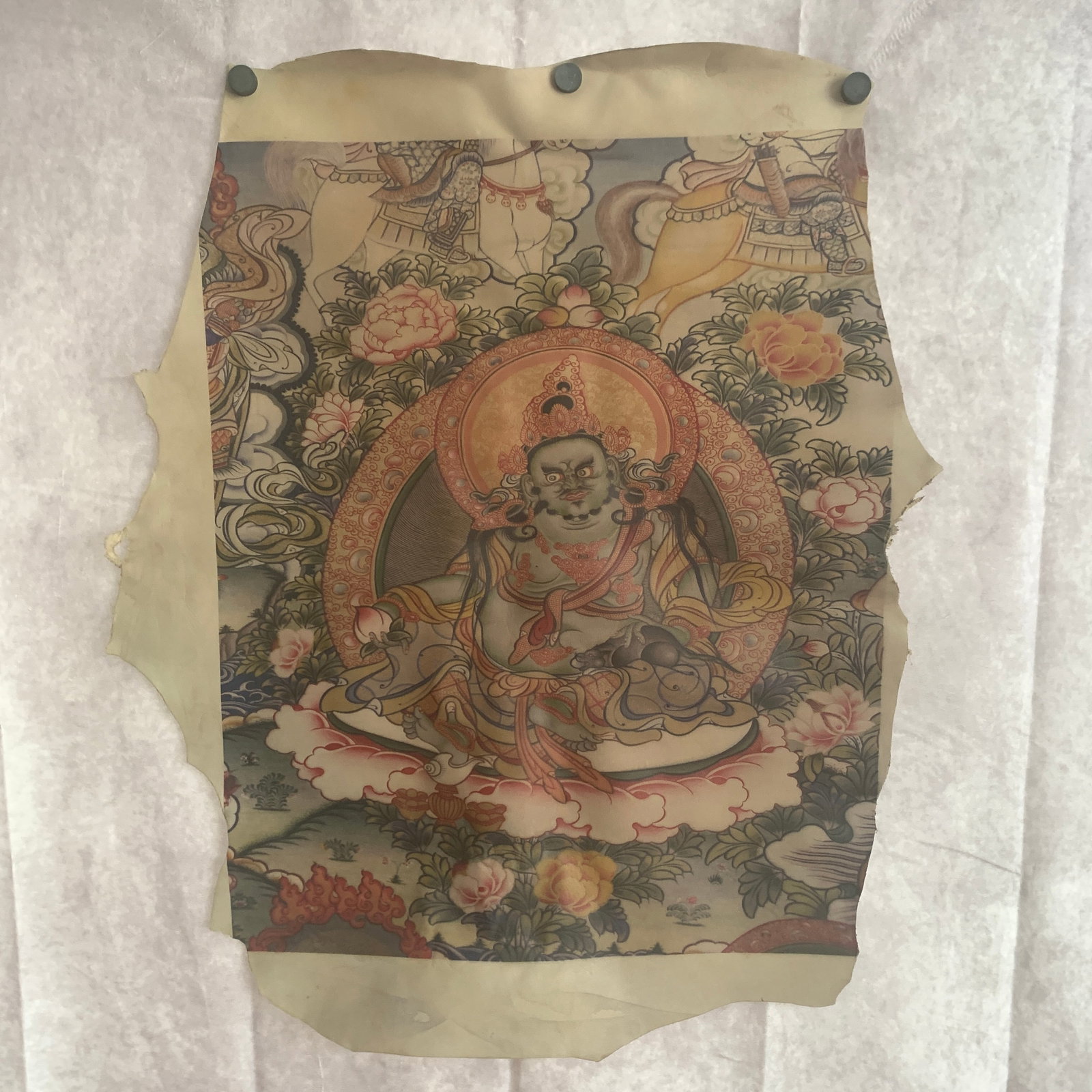 VAISHRAVANA (KUBERA) GOD OF WEALTH THANGKA PAINTING: Republic Period; Long: 26 inch; Width: 21 inch; ;Wooden base for picture and display only.