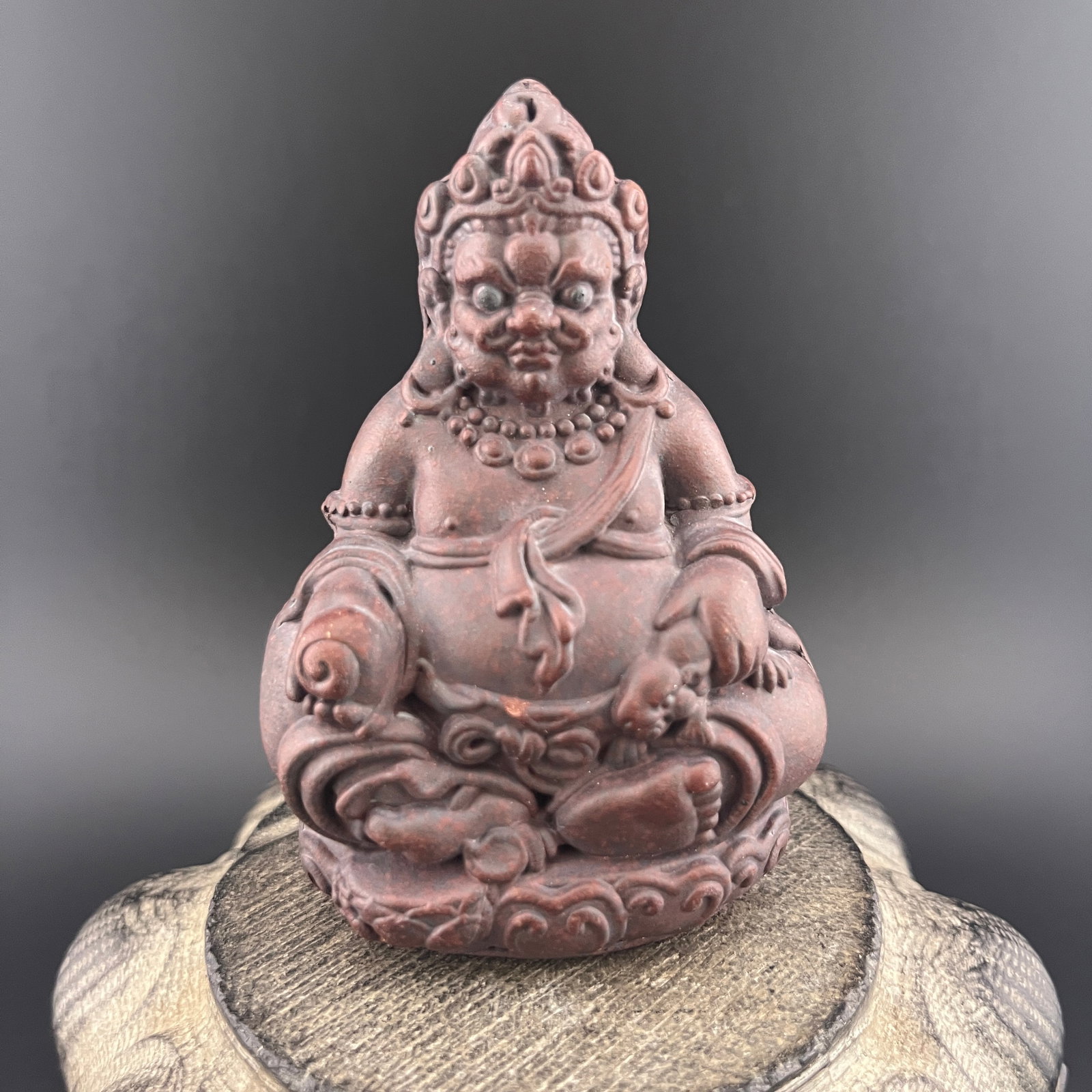 YIXING ZISHA CLAY VAISHRAVANA FIGURINE: Republic Period; Width: 2.3 inch; High: 3.3 inch; ;Wooden base for picture and display only.
